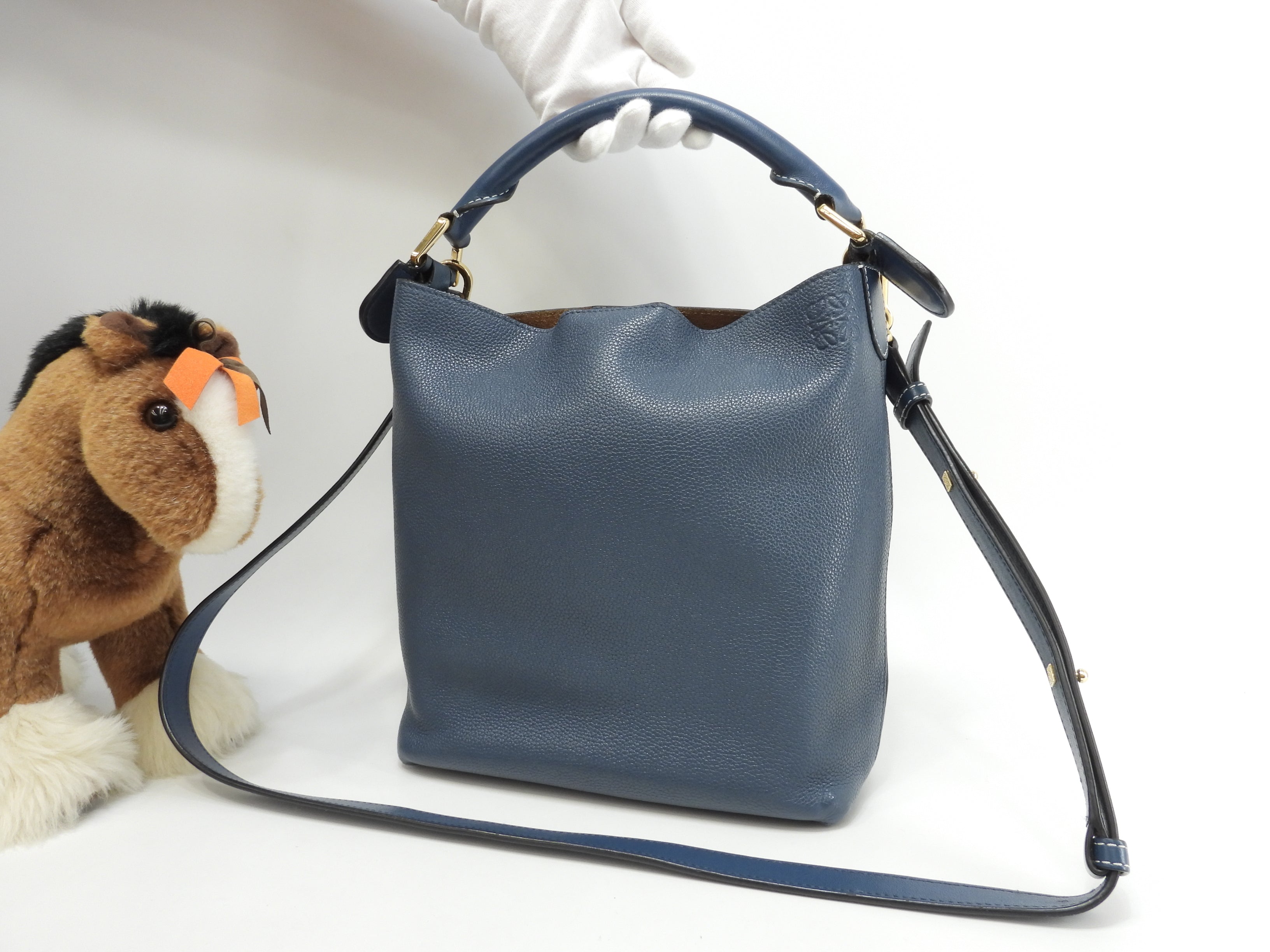 ロエベ 2wayハンドバッグ Tバケットスモール レザー青 ポシェット クロスボディ 美品@261707 2