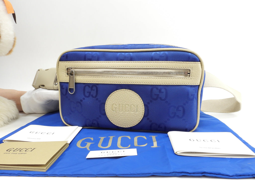Gucci Marsupio in nylon e pelle GG blu crema, borsa a tracolla, borsa a vita, condizioni eccellenti@ 24