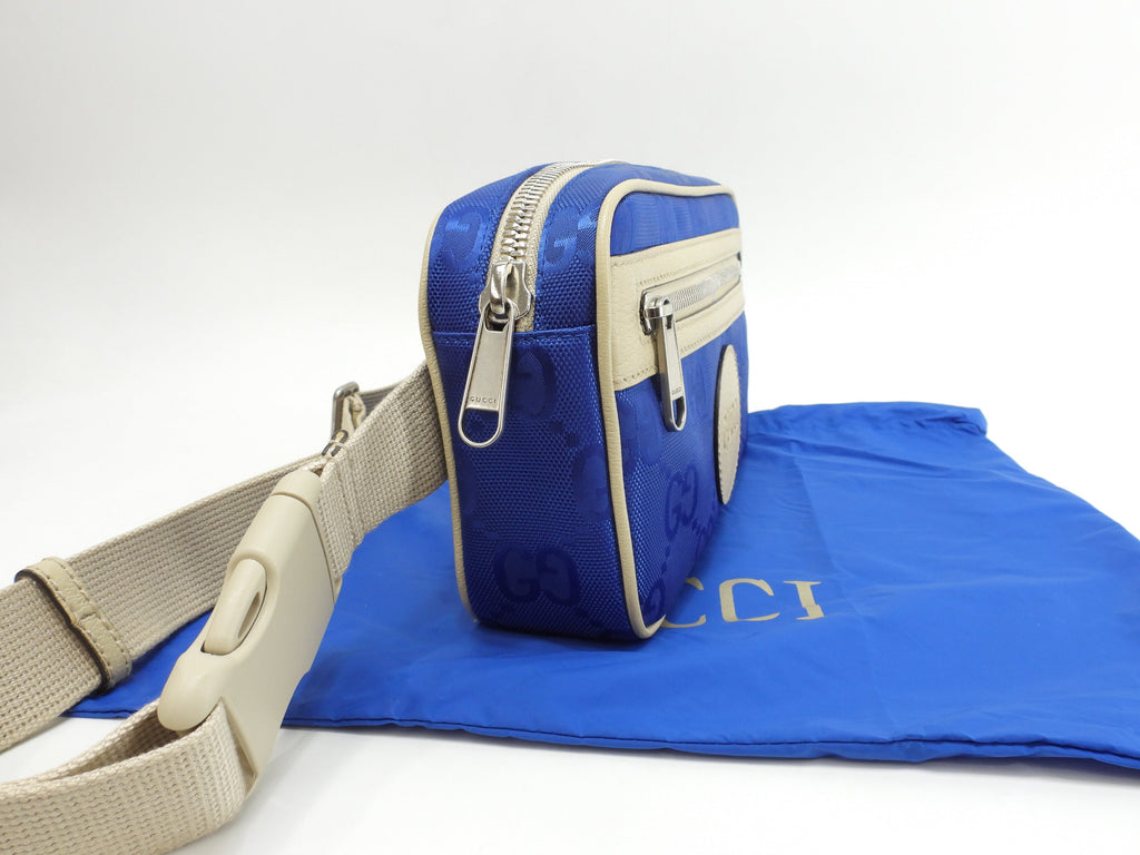 Gucci Marsupio in nylon e pelle GG blu crema, borsa a tracolla, borsa a vita, condizioni eccellenti@ 24