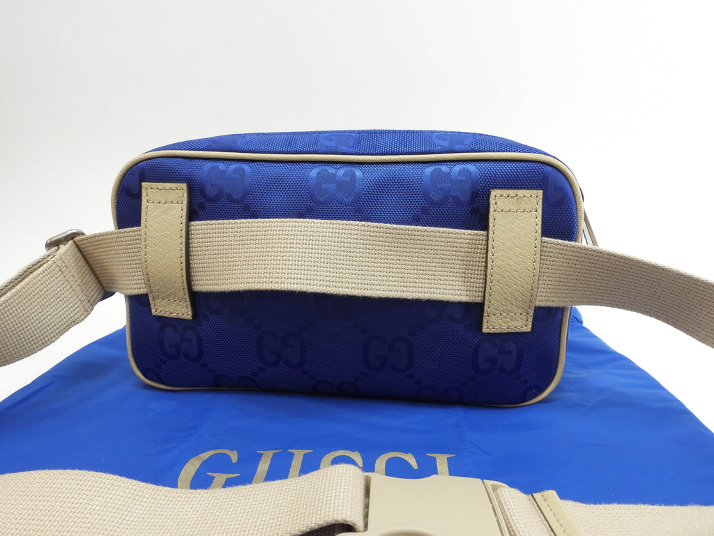 Gucci Marsupio in nylon e pelle GG blu crema, borsa a tracolla, borsa a vita, condizioni eccellenti@ 24