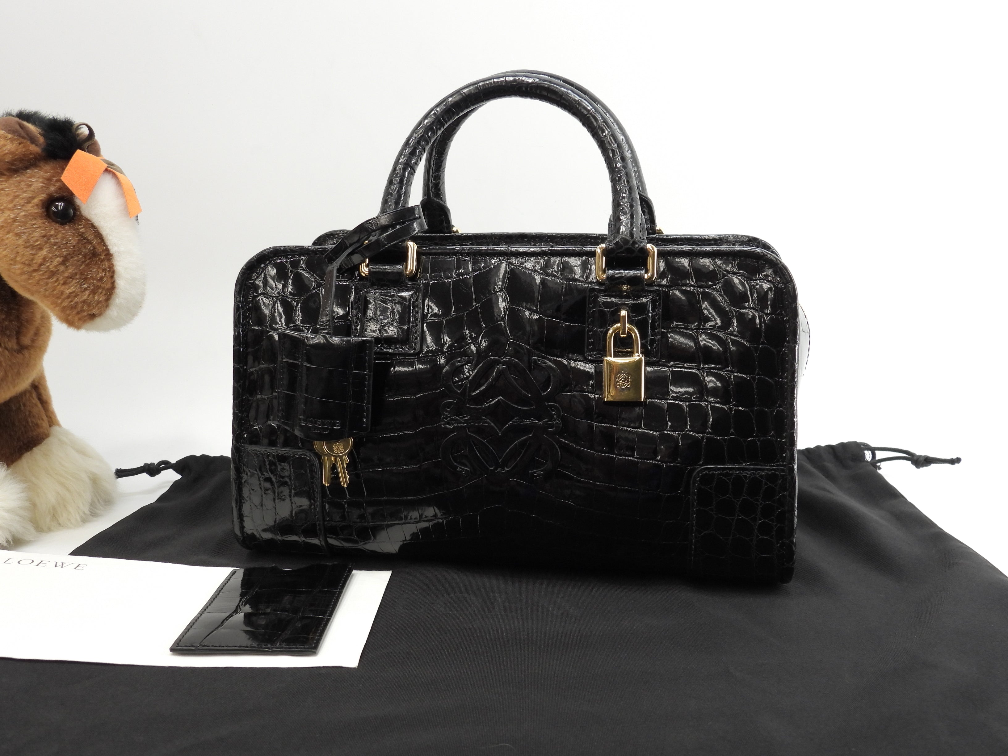 Loewe Amazona 28 Coccodrillo Nero Borsa a mano Hardware dorato Ottime condizioni@111160