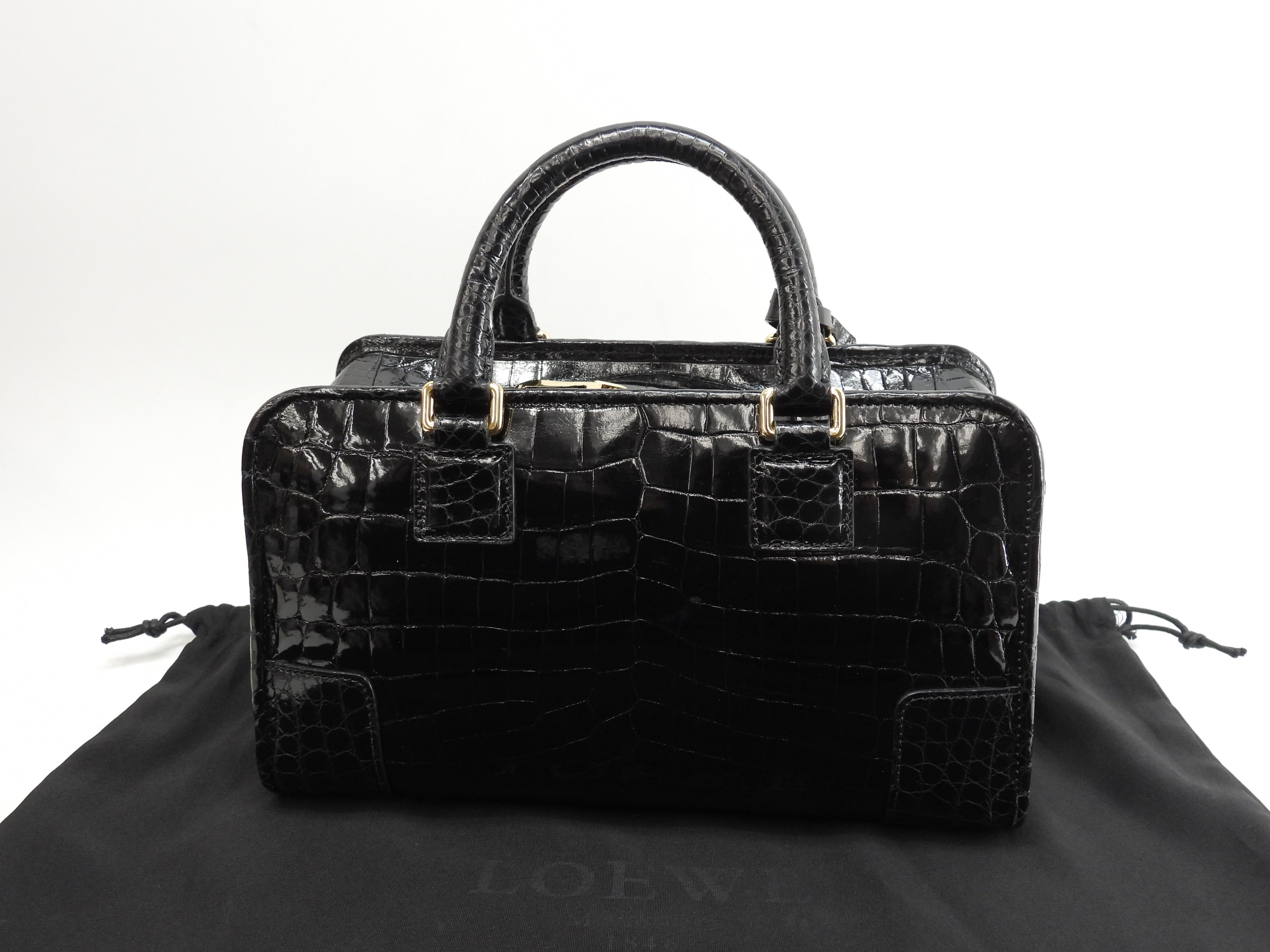 Loewe Amazona 28 Coccodrillo Nero Borsa a mano Hardware dorato Ottime condizioni@111160