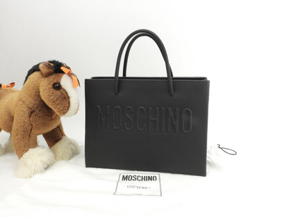 Moschino borsa tote con logo in rilievo in pelle nera shopper borsa a mano in ottime condizioni @ 1