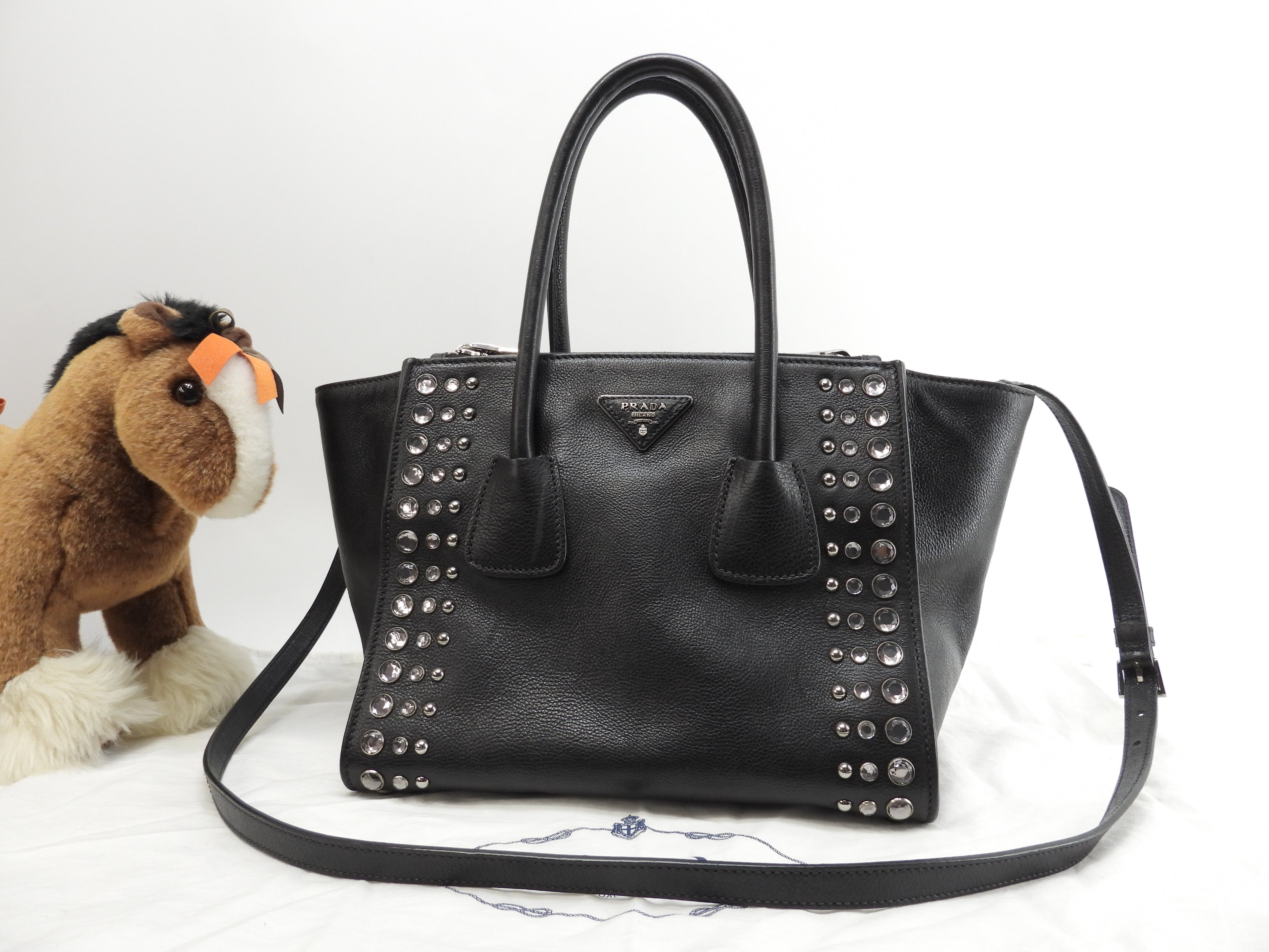 Prada borsa a mano con tracolla, bijou, pelle nera, tote bag, borsa a tracolla, ottime condizioni @231