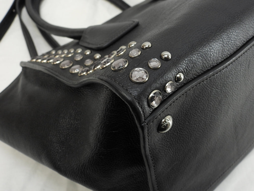 Prada borsa a mano con tracolla, bijou, pelle nera, tote bag, borsa a tracolla, ottime condizioni @231