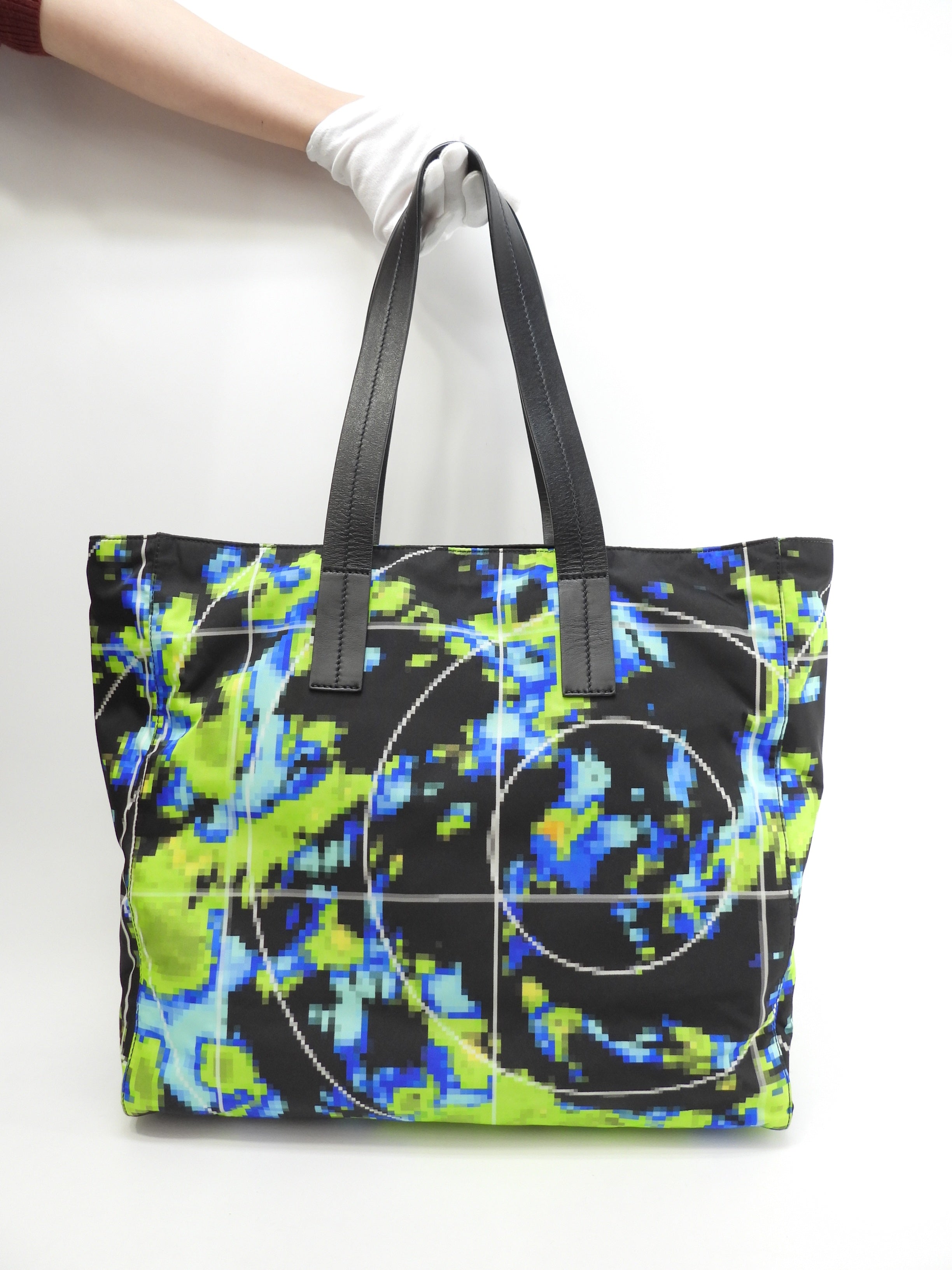 Prada borsa tote grande da uomo in nylon giallo, nero e blu, pelle nera, tracolla, ottime condizioni @250 2