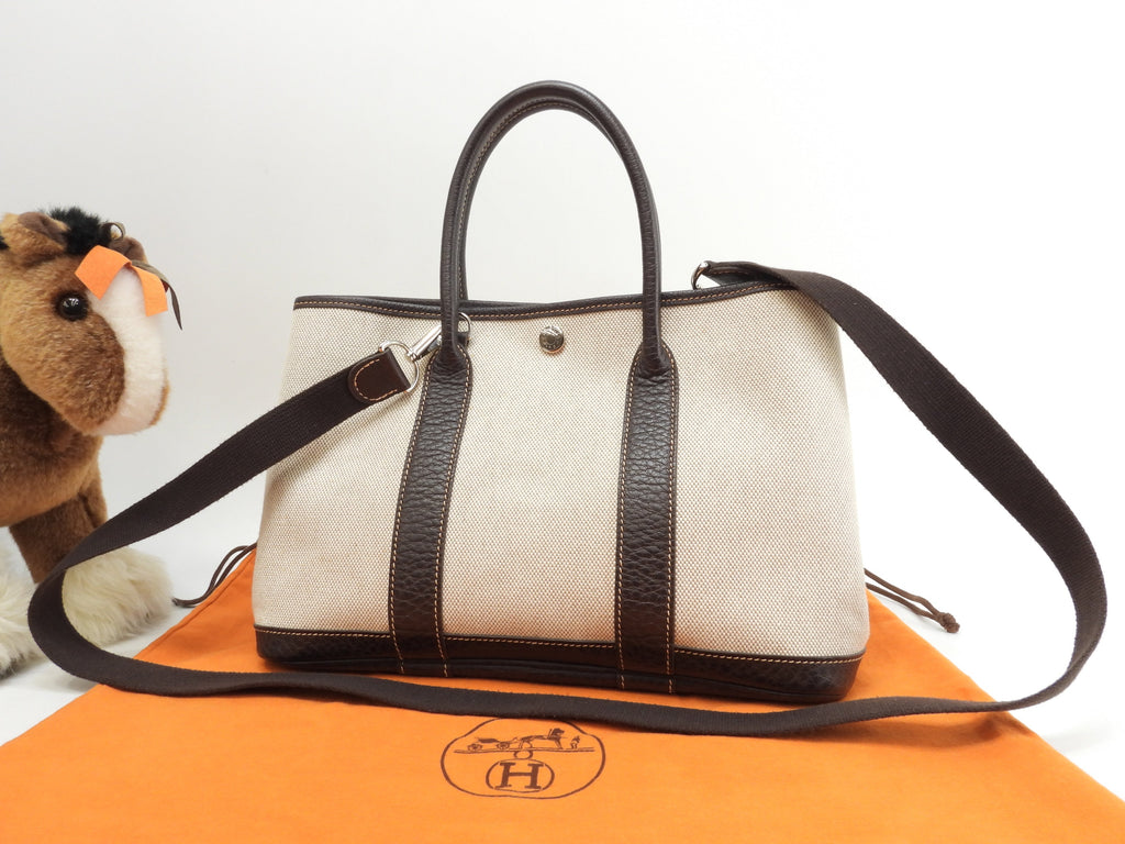 Hermès Garden Party TPM Toile H PM/Pelle Bianco Marrone con tracolla Borsa a mano in ottime condizioni @□I