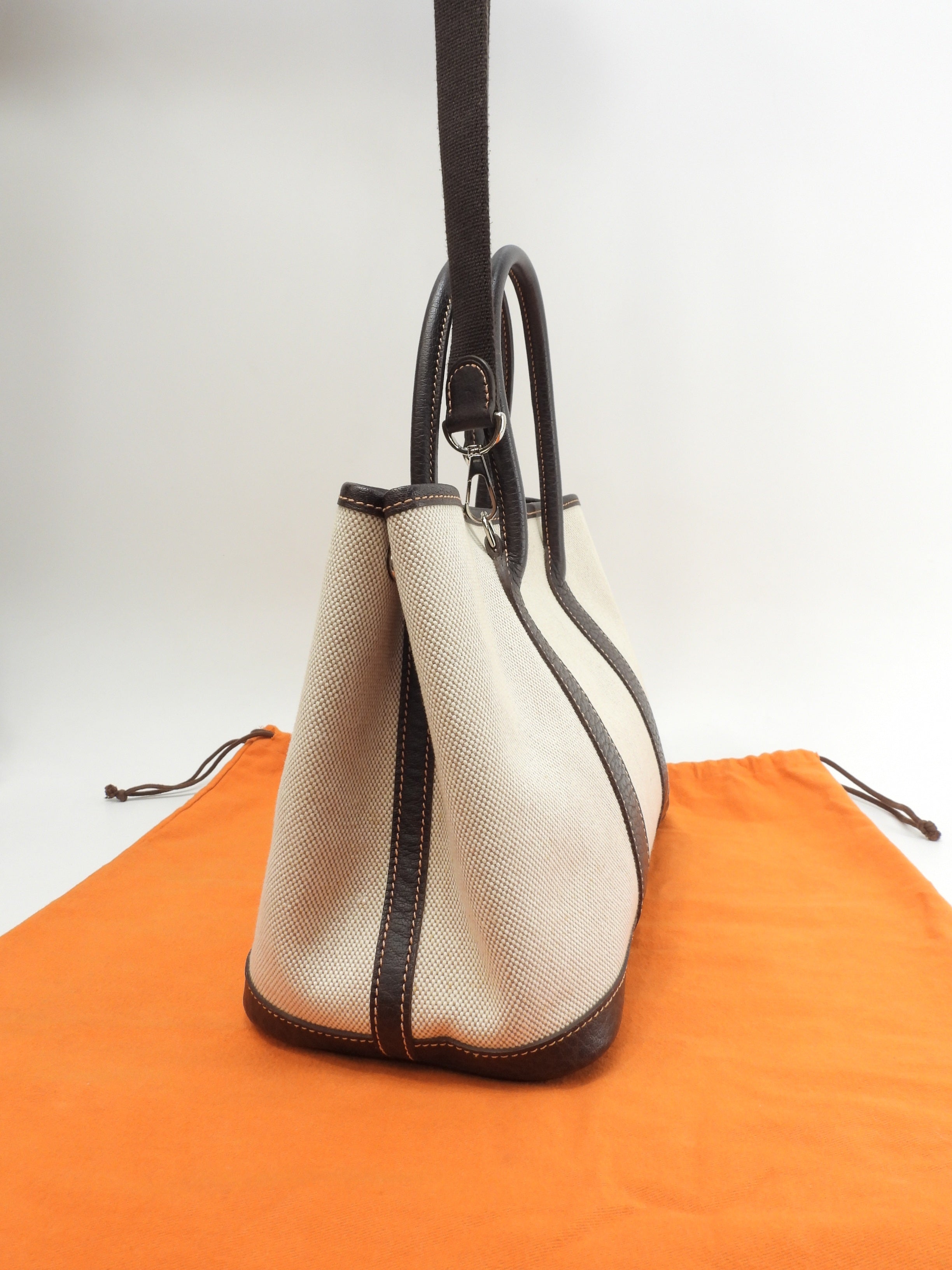 Hermès Garden Party TPM Toile H PM/Pelle Bianco Marrone con tracolla Borsa a mano in ottime condizioni @□I