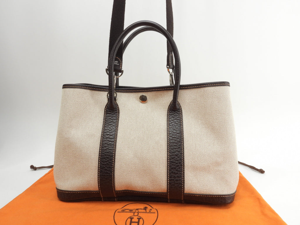 Hermès Garden Party TPM Toile H PM/Pelle Bianco Marrone con tracolla Borsa a mano in ottime condizioni @□I