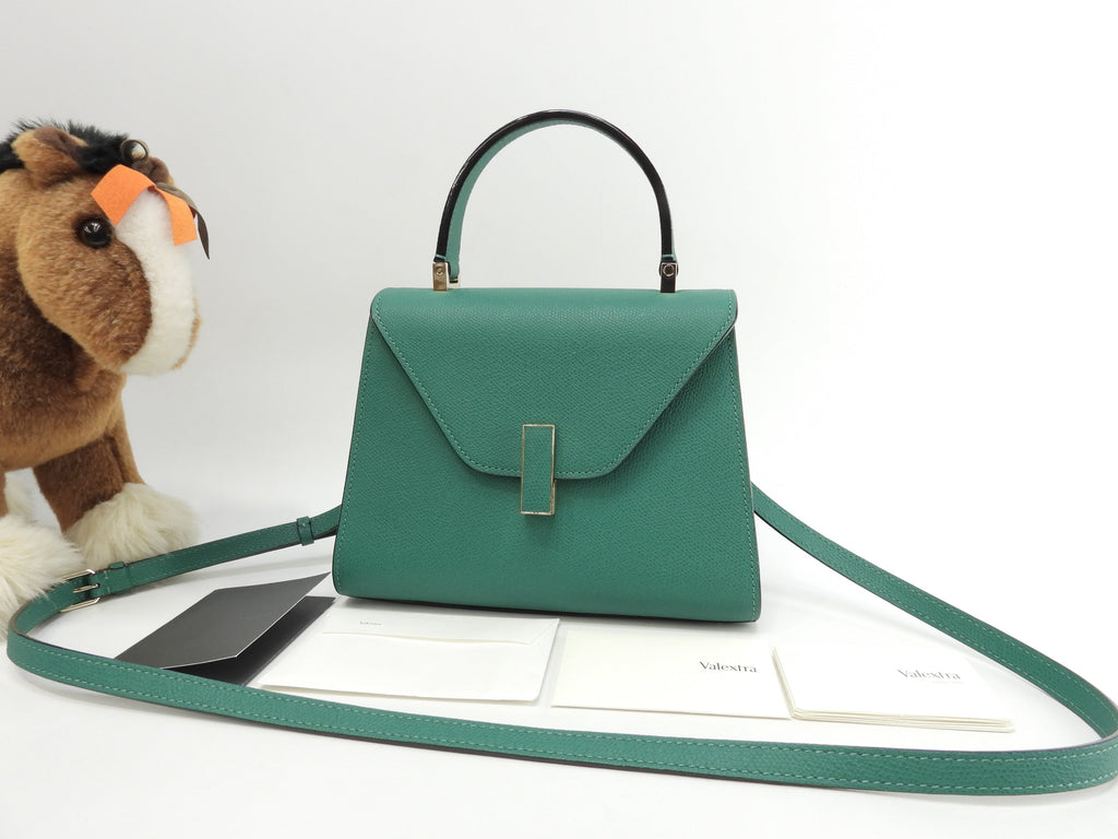 Valextra Mini Iside, pelle goffrata, verde, borsa a mano con tracolla, pochette, ottime condizioni@N515157
