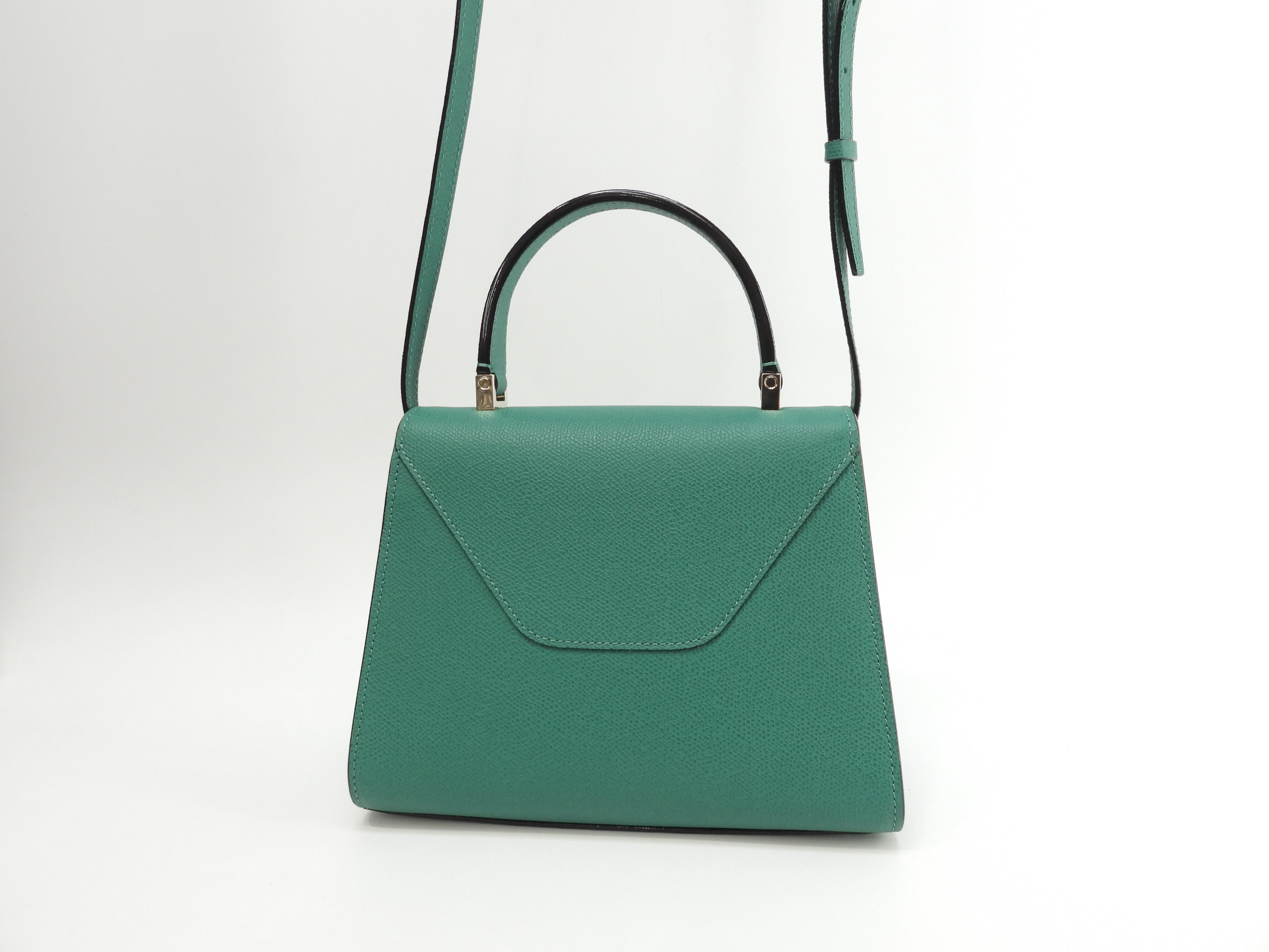 Valextra Mini Iside, pelle goffrata, verde, borsa a mano con tracolla, pochette, ottime condizioni@N515157