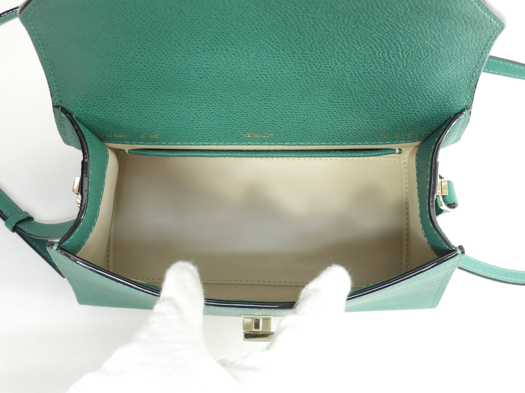 Valextra Mini Iside, pelle goffrata, verde, borsa a mano con tracolla, pochette, ottime condizioni@N515157