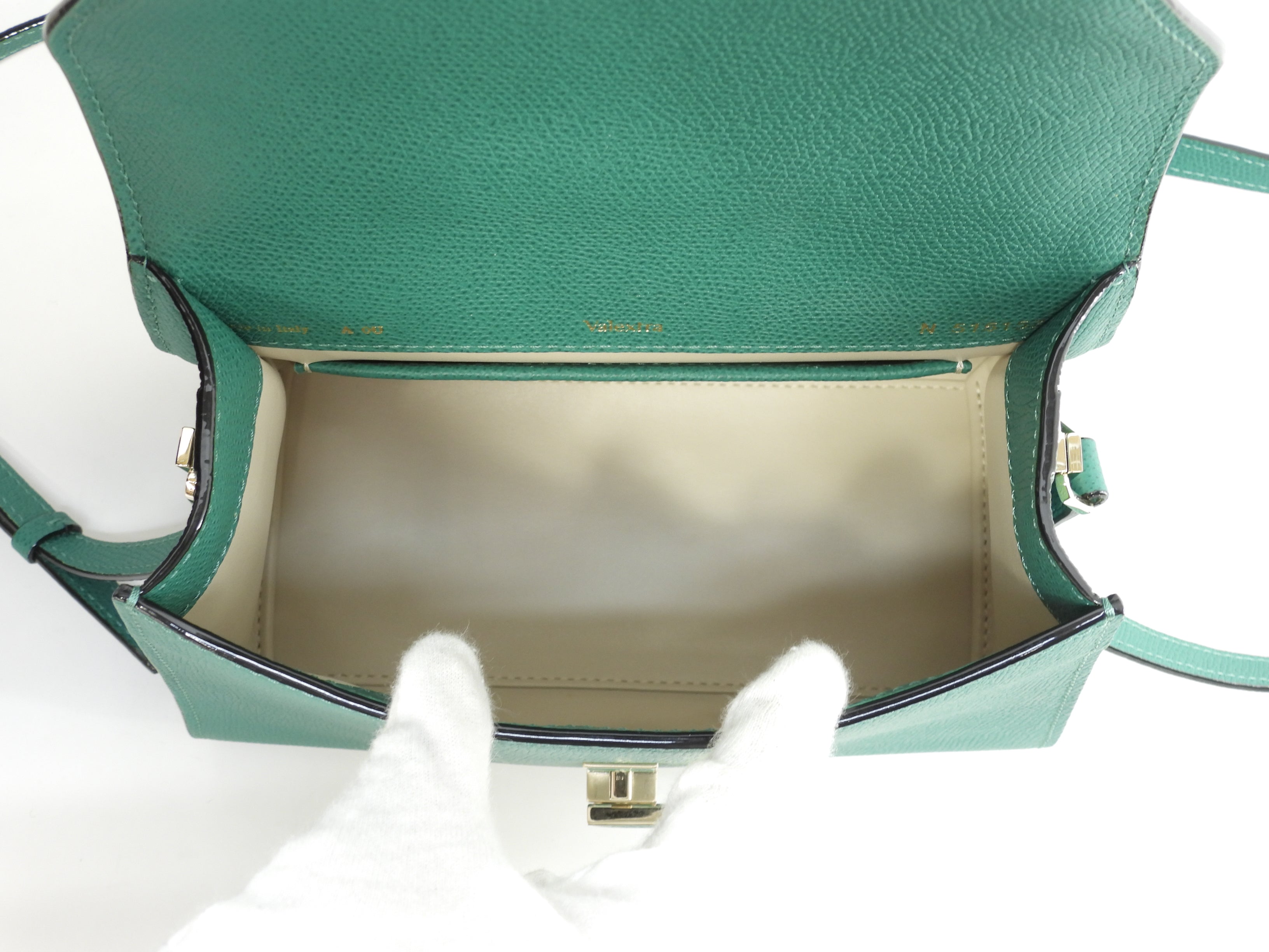 Valextra Mini Iside, pelle goffrata, verde, borsa a mano con tracolla, pochette, ottime condizioni@N515157