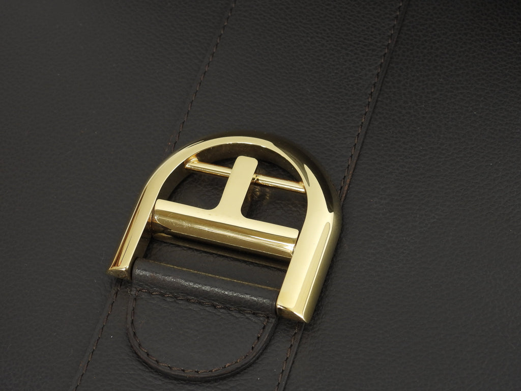 Delvaux Brillant MM, pelle goffrata, marrone scuro, borsa a mano, borsa a manico superiore, modello Kelly@ 92