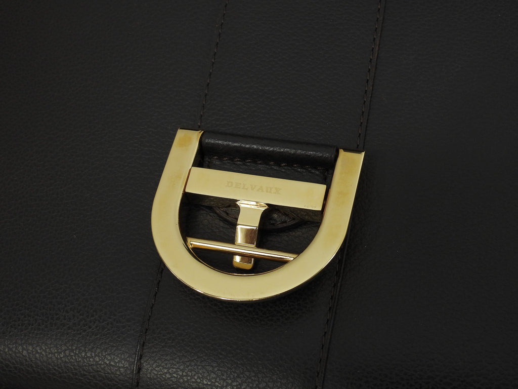 Delvaux Brillant MM, pelle goffrata, marrone scuro, borsa a mano, borsa a manico superiore, modello Kelly@ 92