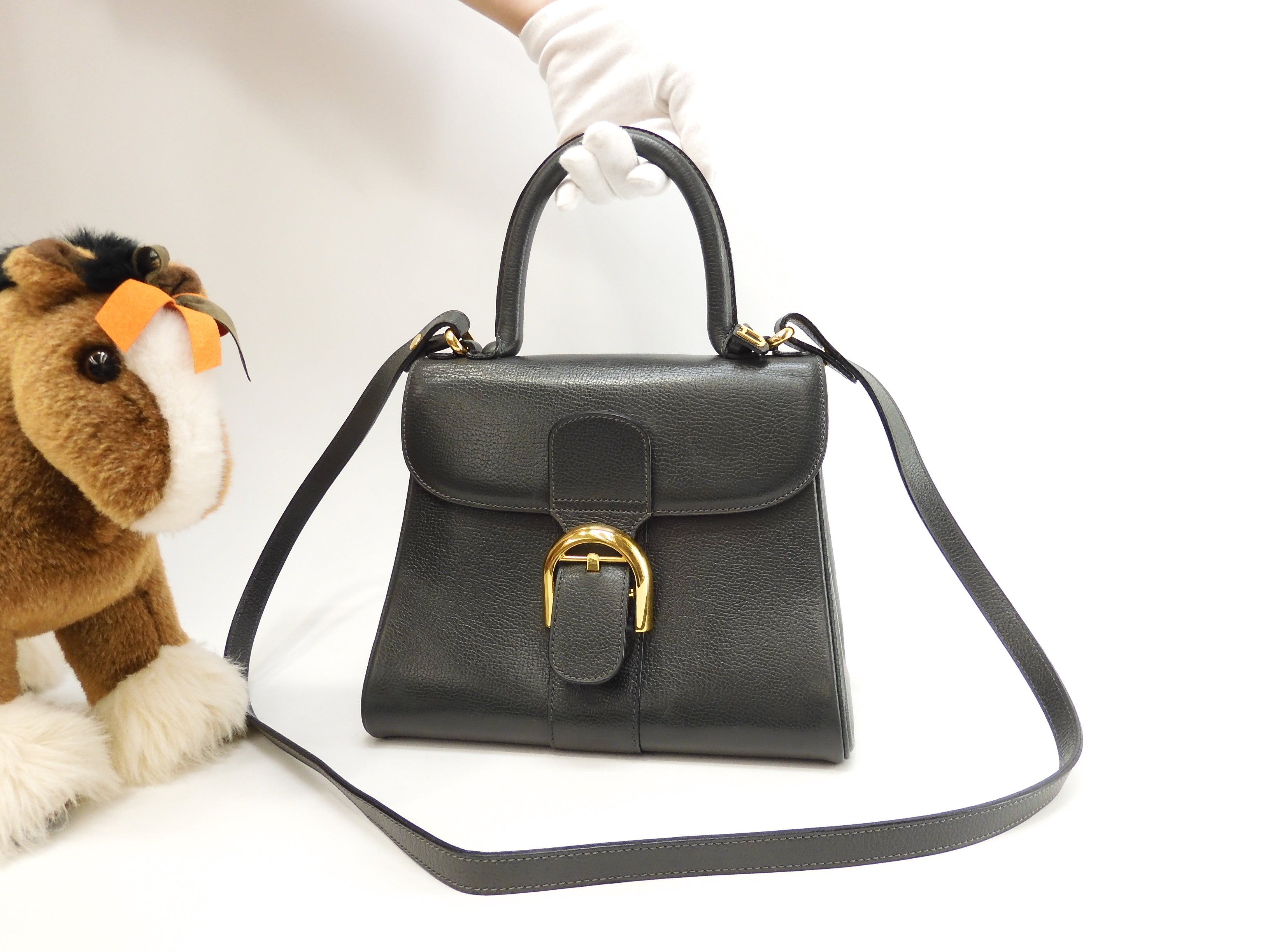 Delvaux Brillant PM Vintage pelle goffrata verde borsa a tracolla con manico superiore@ 95