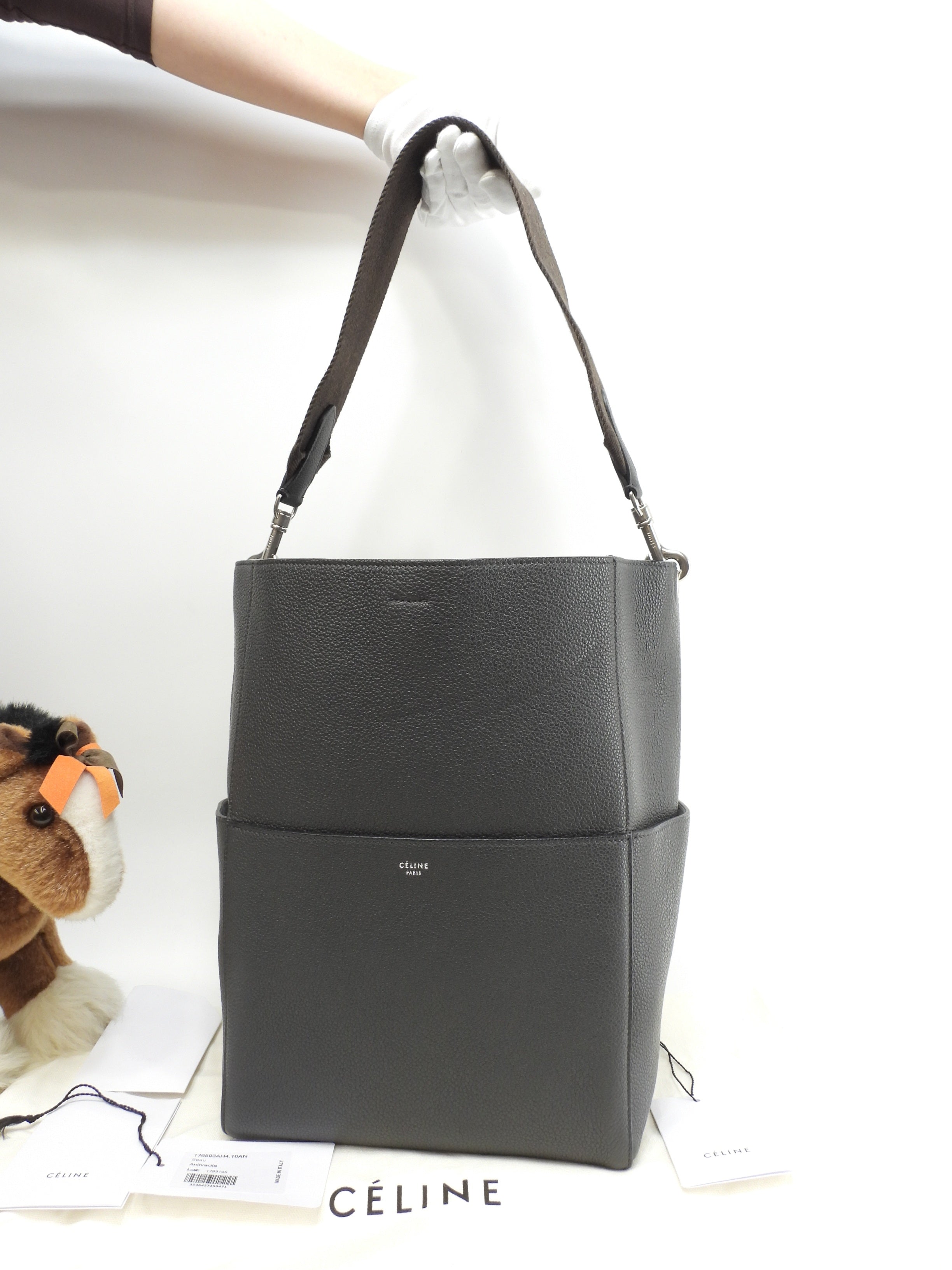 セリーヌ サングルバケット トゴレザー 灰 ホーボーバッグ セミショルダーバッグ 極美品@S-SL-3187