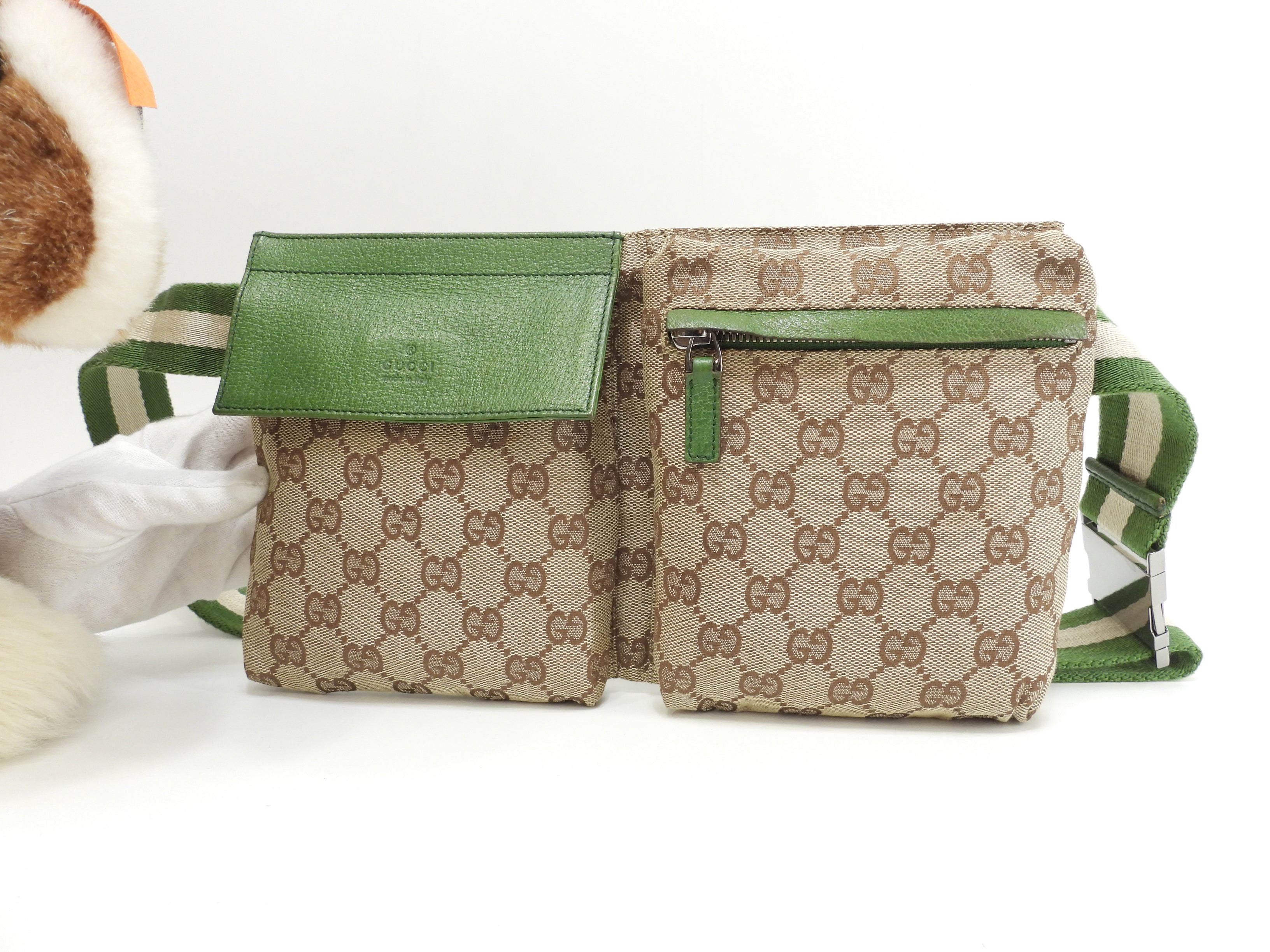 Gucci Marsupio GG Supreme cotone pelle marrone verde Borsa a tracolla Marsupio Ottime condizioni@ 12