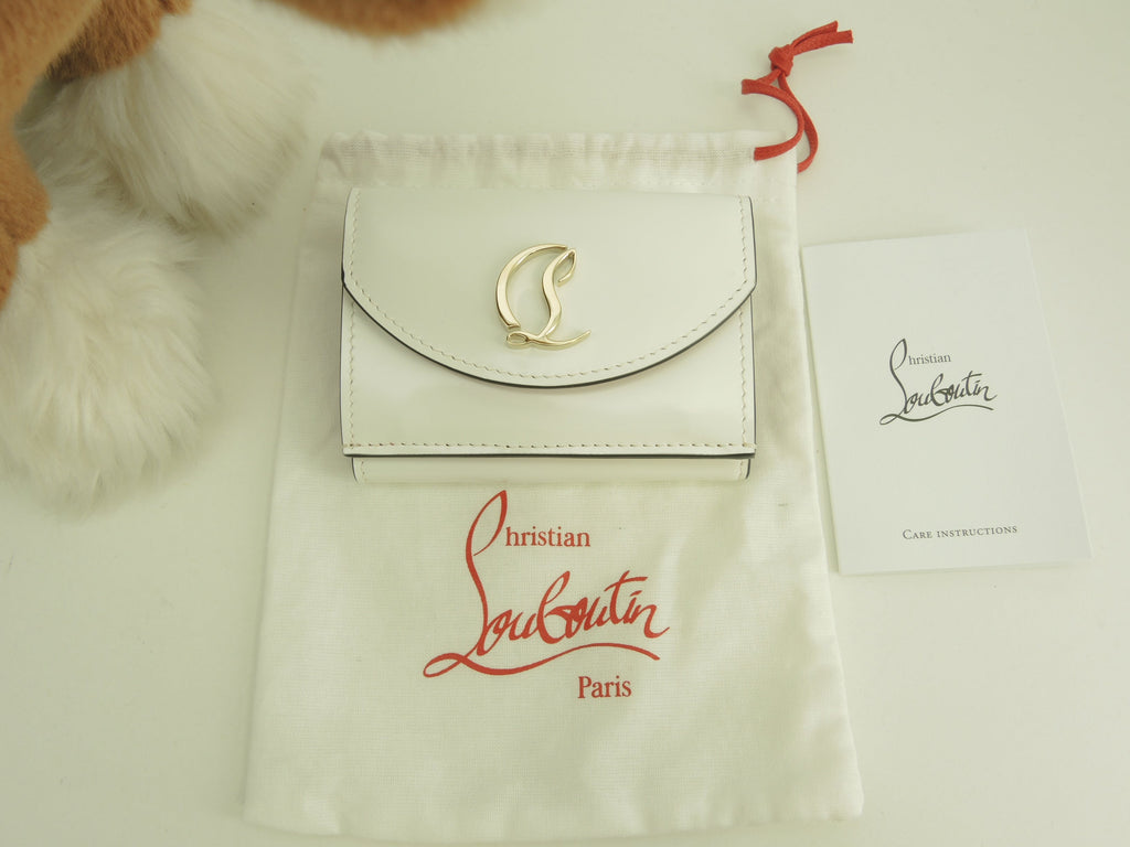 Christian Louboutin portafoglio mini a 3 ante Loubi54 pelle verniciata bianca portafoglio compatto inutilizzato @ 2