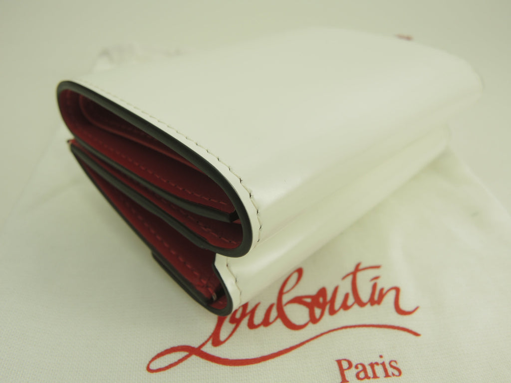 Christian Louboutin portafoglio mini a 3 ante Loubi54 pelle verniciata bianca portafoglio compatto inutilizzato @ 2