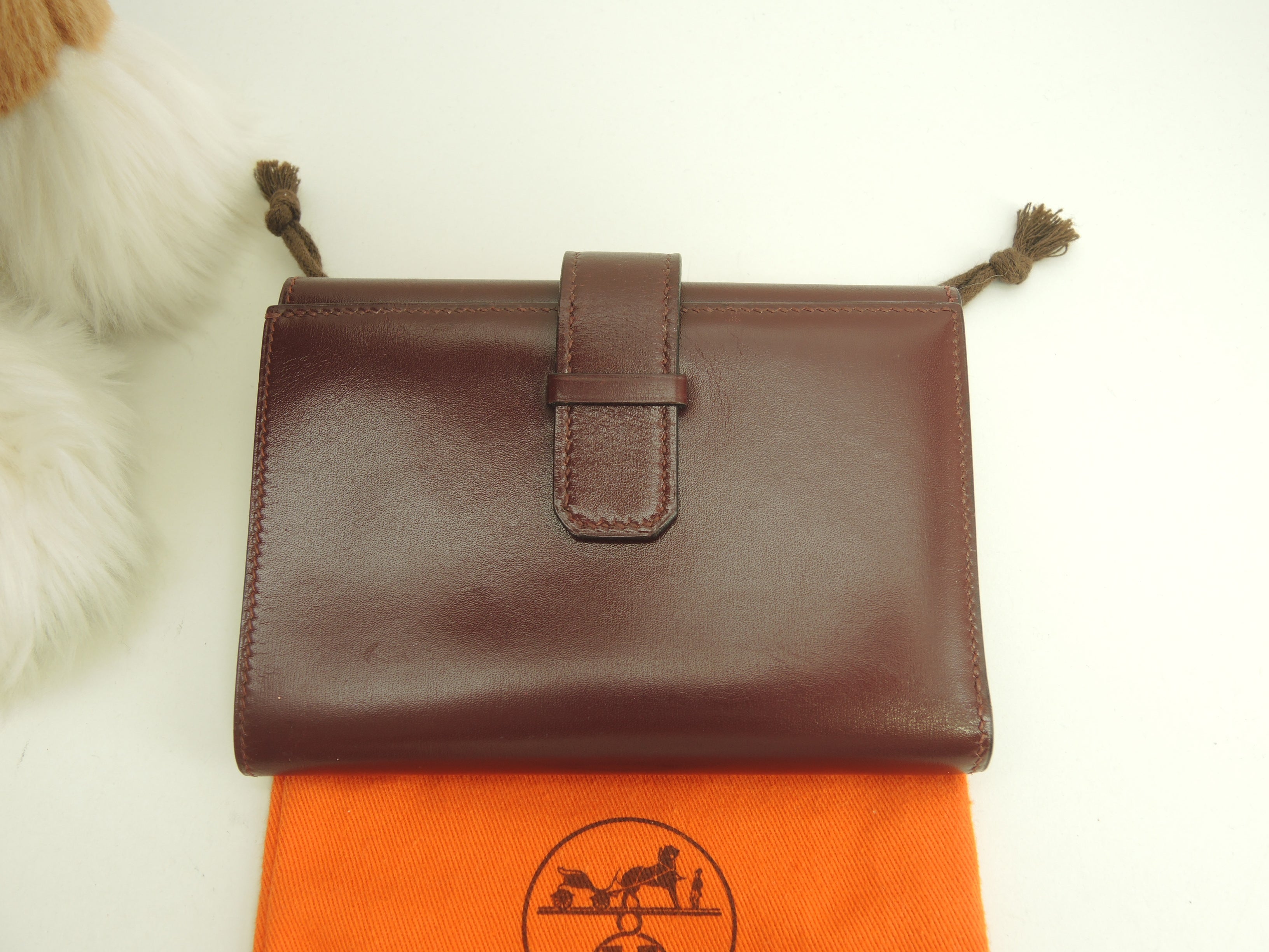 Hermès portafoglio a 3 ante in Boxcalf bordeaux, portafoglio compatto, vintage@ 2
