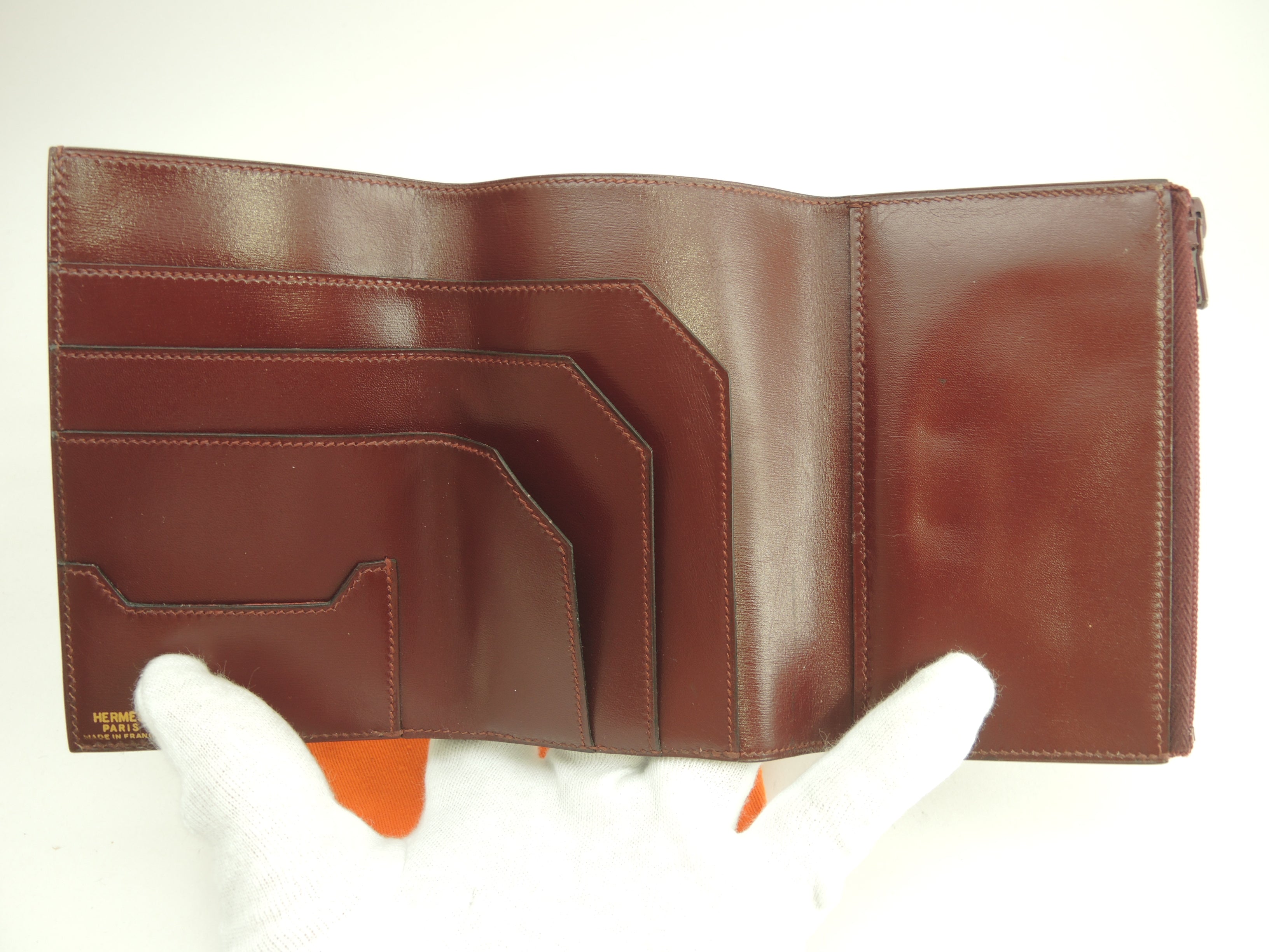 Hermès portafoglio a 3 ante in Boxcalf bordeaux, portafoglio compatto, vintage@ 2