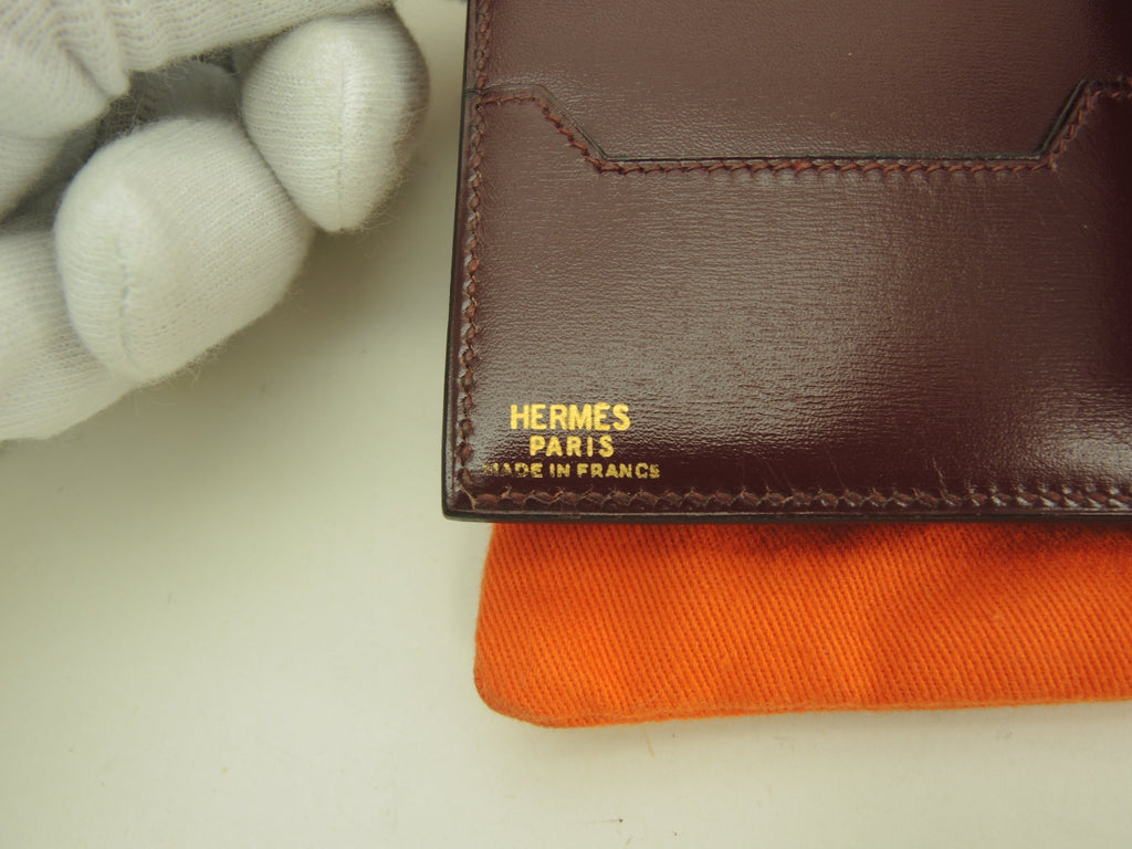 Hermès portafoglio a 3 ante in Boxcalf bordeaux, portafoglio compatto, vintage@ 2