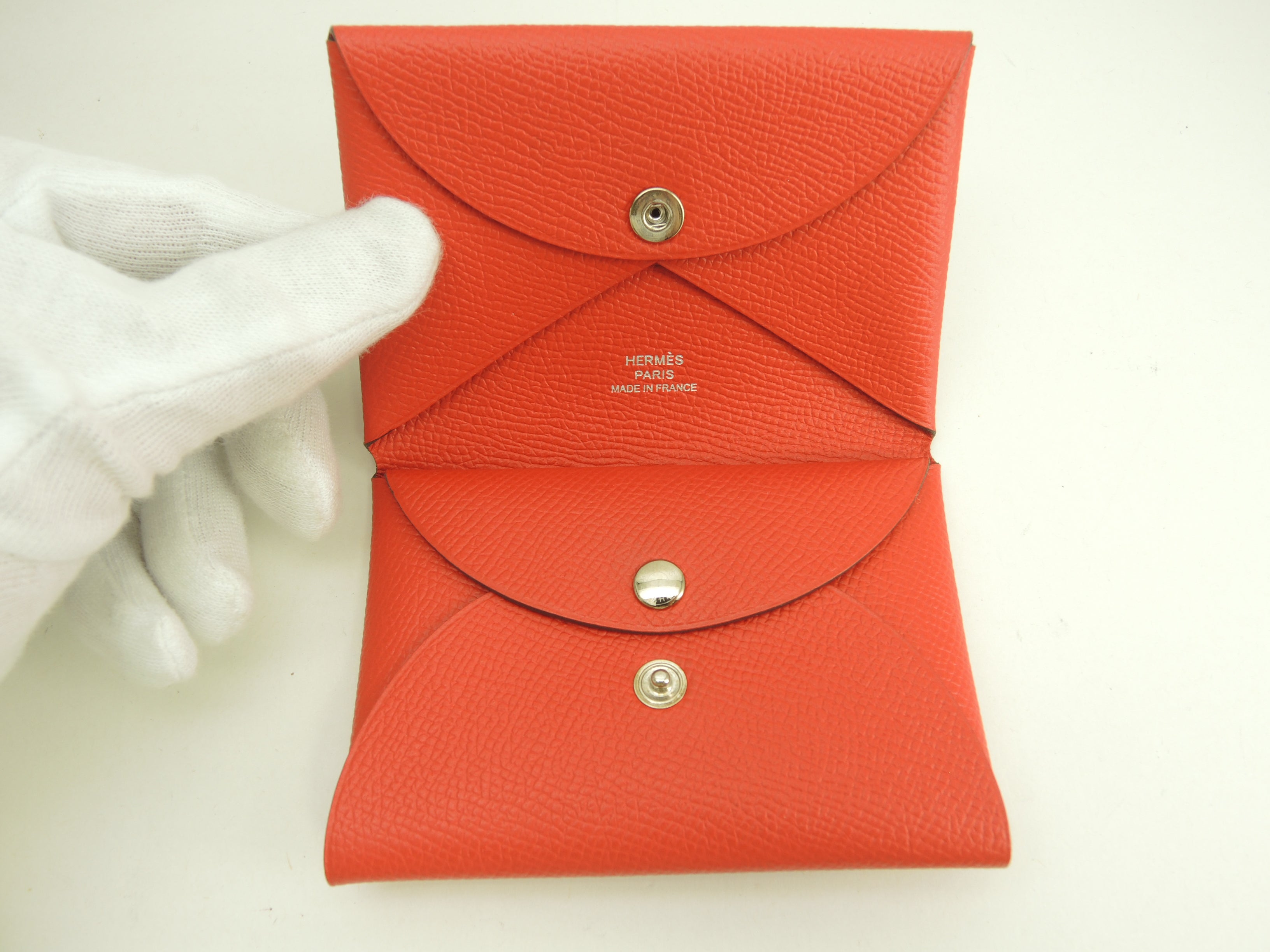 Hermès Calvi Duo Epsom Cinnabro portafoglio compatto mini borsa inutilizzato@U 3