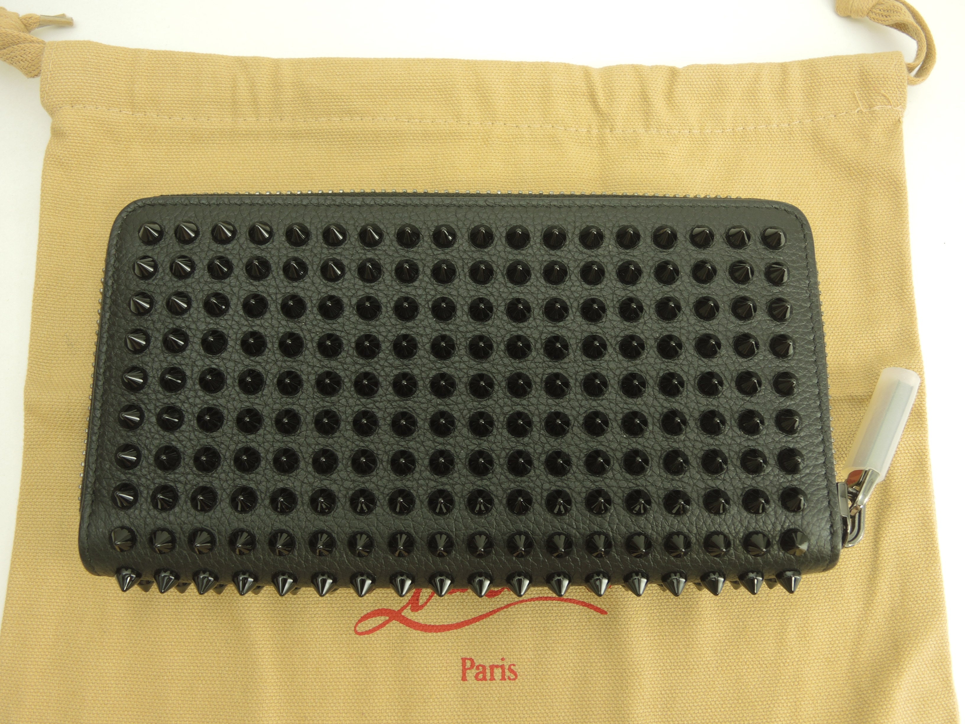 Christian Louboutin portafoglio lungo Panettone borchie pelle nera portafoglio con zip mai usato@ 6