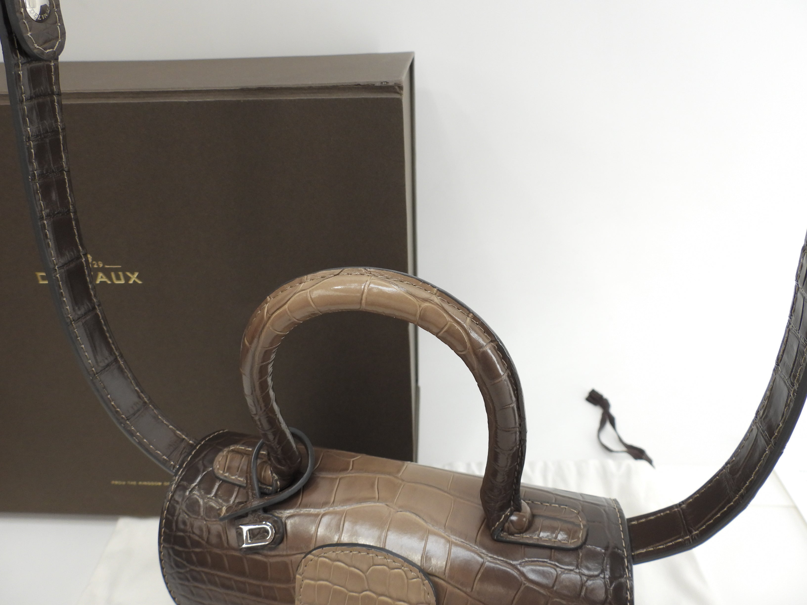 Delvaux Brillant Mini Alligator Leather Handbag Pochette Sfumata Grigio-Marrone @ 1