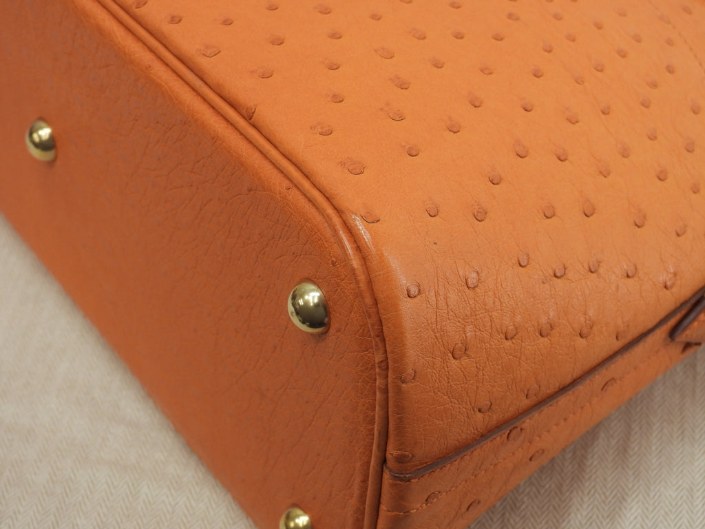 Hermes Bolide 31 Struzzo arancione metalleria oro con tracolla borsa a mano usato in condizioni eccellenti @□F