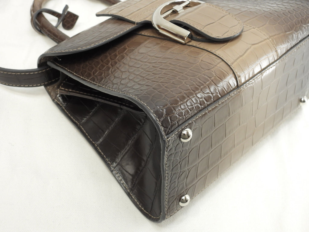 Delvaux Brillant Mini Alligator Leather Handbag Pochette Sfumata Grigio-Marrone @ 1