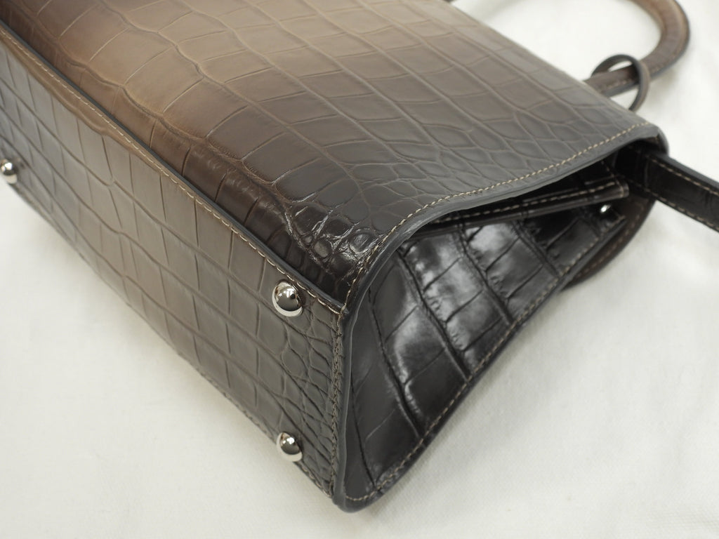 Delvaux Brillant Mini Alligator Leather Handbag Pochette Sfumata Grigio-Marrone @ 1