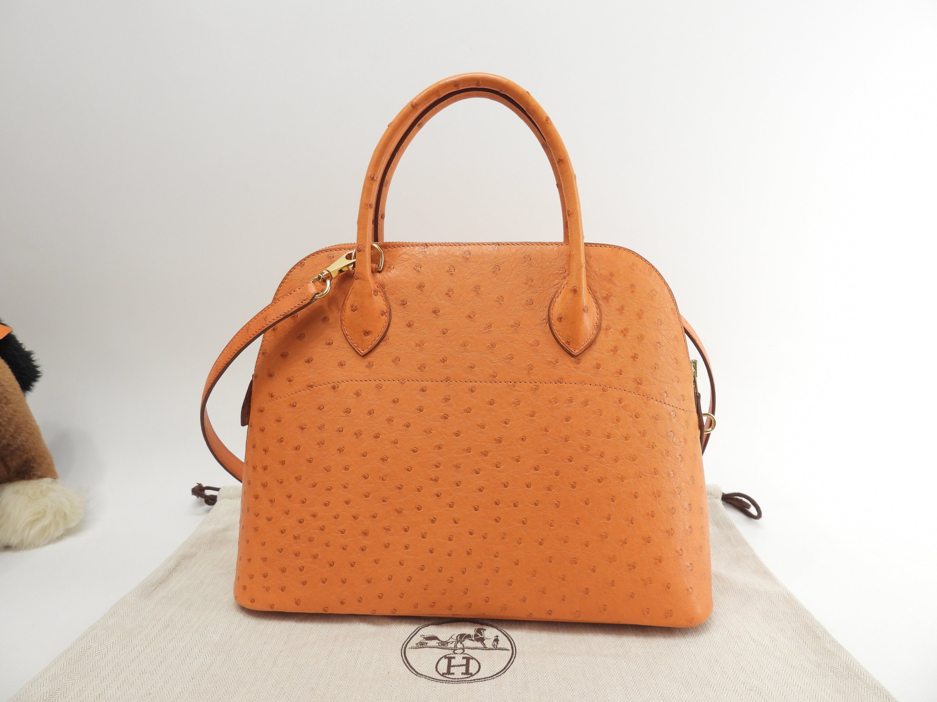 Hermes Bolide 31 Struzzo arancione metalleria oro con tracolla borsa a mano usato in condizioni eccellenti @□F