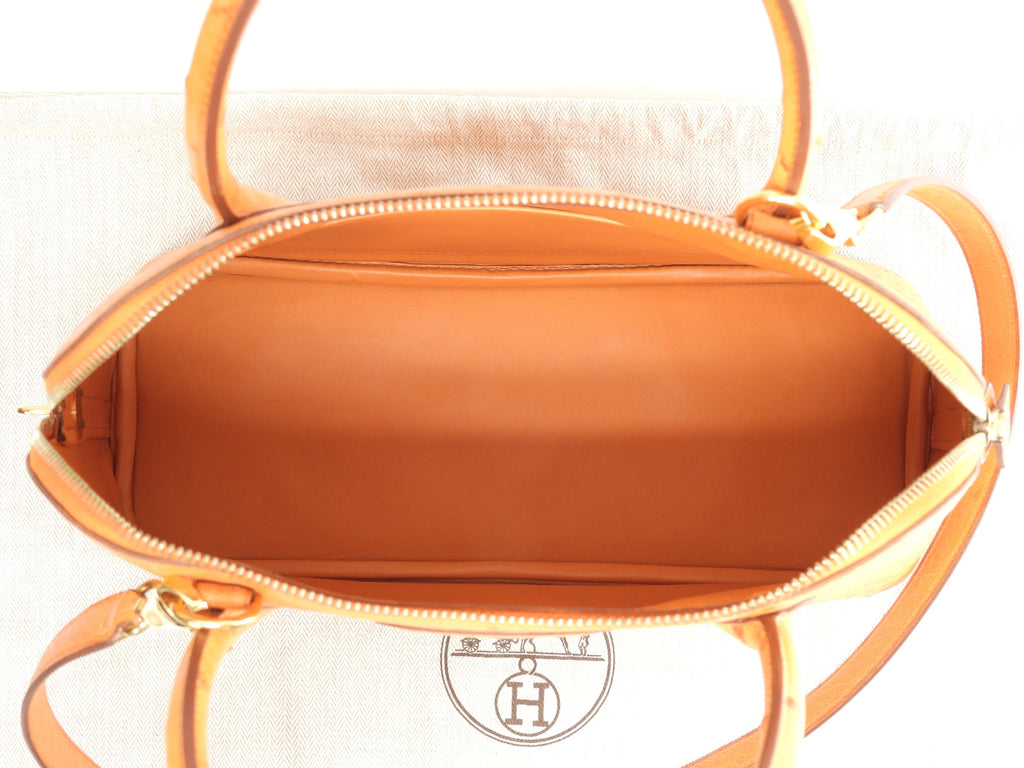 Hermes Bolide 31 Struzzo arancione metalleria oro con tracolla borsa a mano usato in condizioni eccellenti @□F