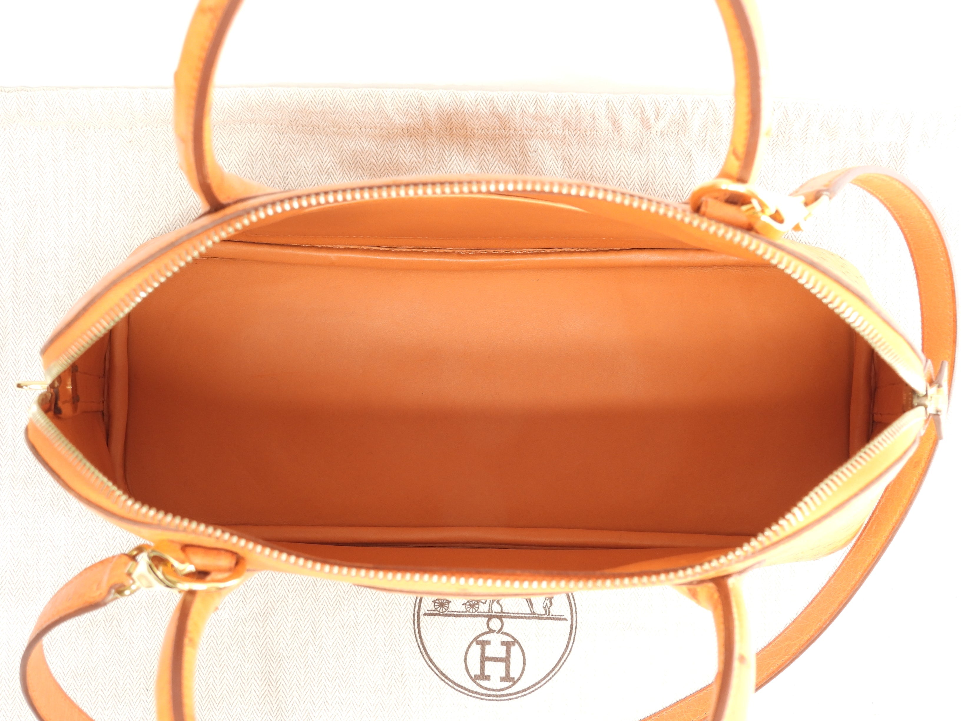 Hermes Bolide 31 Struzzo arancione metalleria oro con tracolla borsa a mano usato in condizioni eccellenti @□F