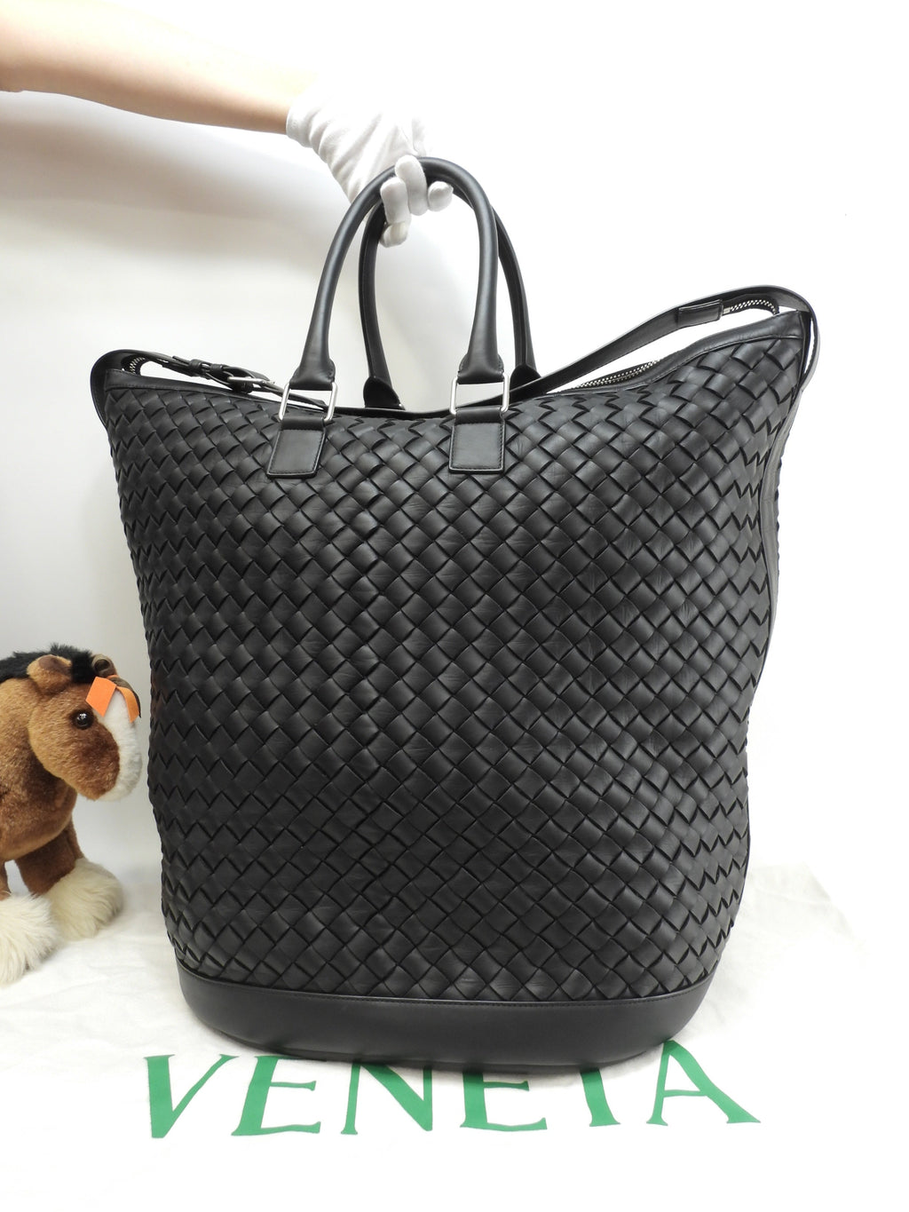 Bottega Veneta Borsa tote oversize con tracolla, motivo Intrecciato, in pelle nera, borsa a mano da uomo, in ottimo stato @IC 2