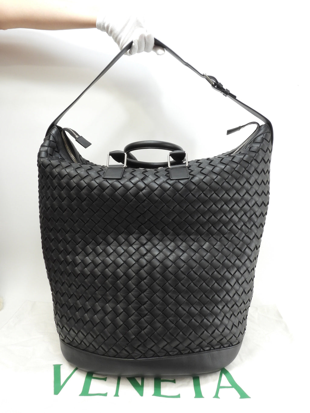 Bottega Veneta Borsa tote oversize con tracolla, motivo Intrecciato, in pelle nera, borsa a mano da uomo, in ottimo stato @IC 2