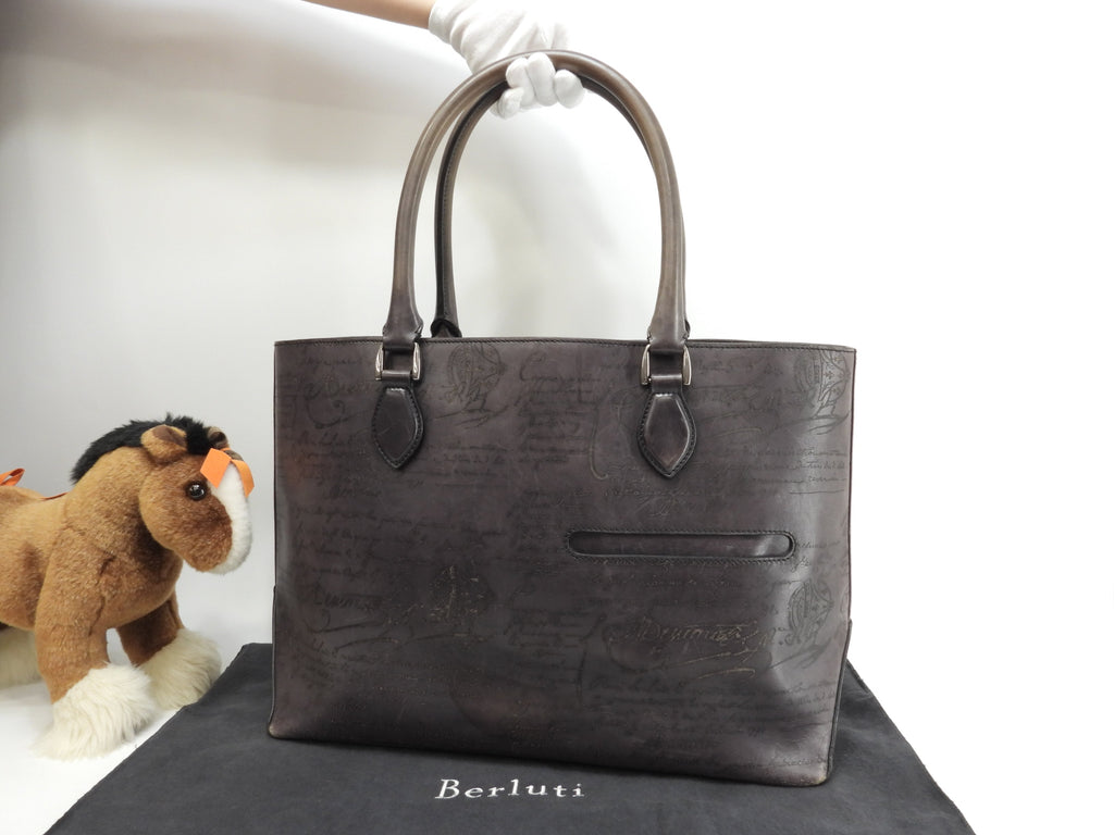 Berluti Toujours Scrittura Pelle Nera Tote Bag Uomo Borsa a Mano@A0194