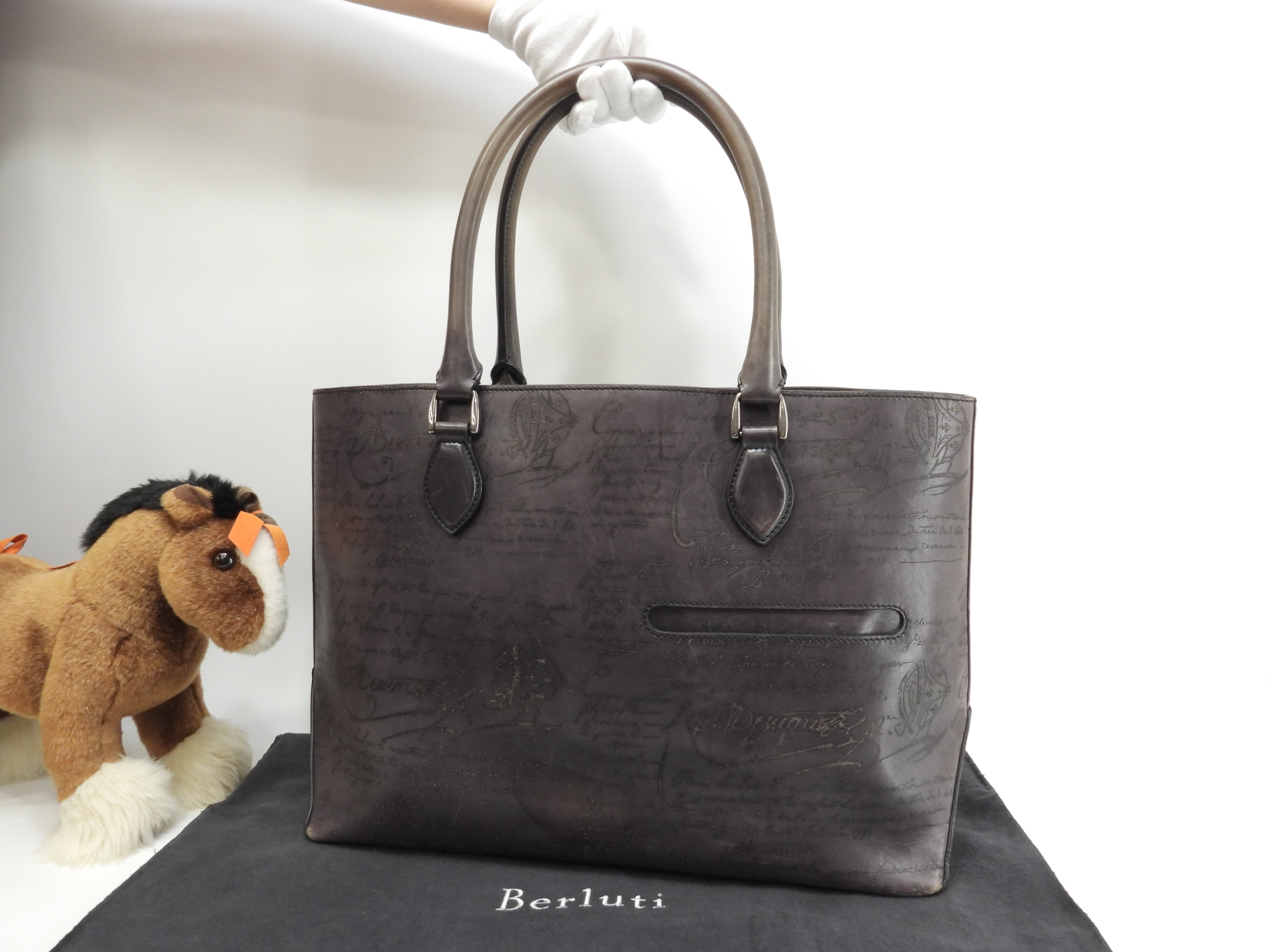 Berluti Toujours Scrittura Pelle Nera Tote Bag Uomo Borsa a Mano@A0194