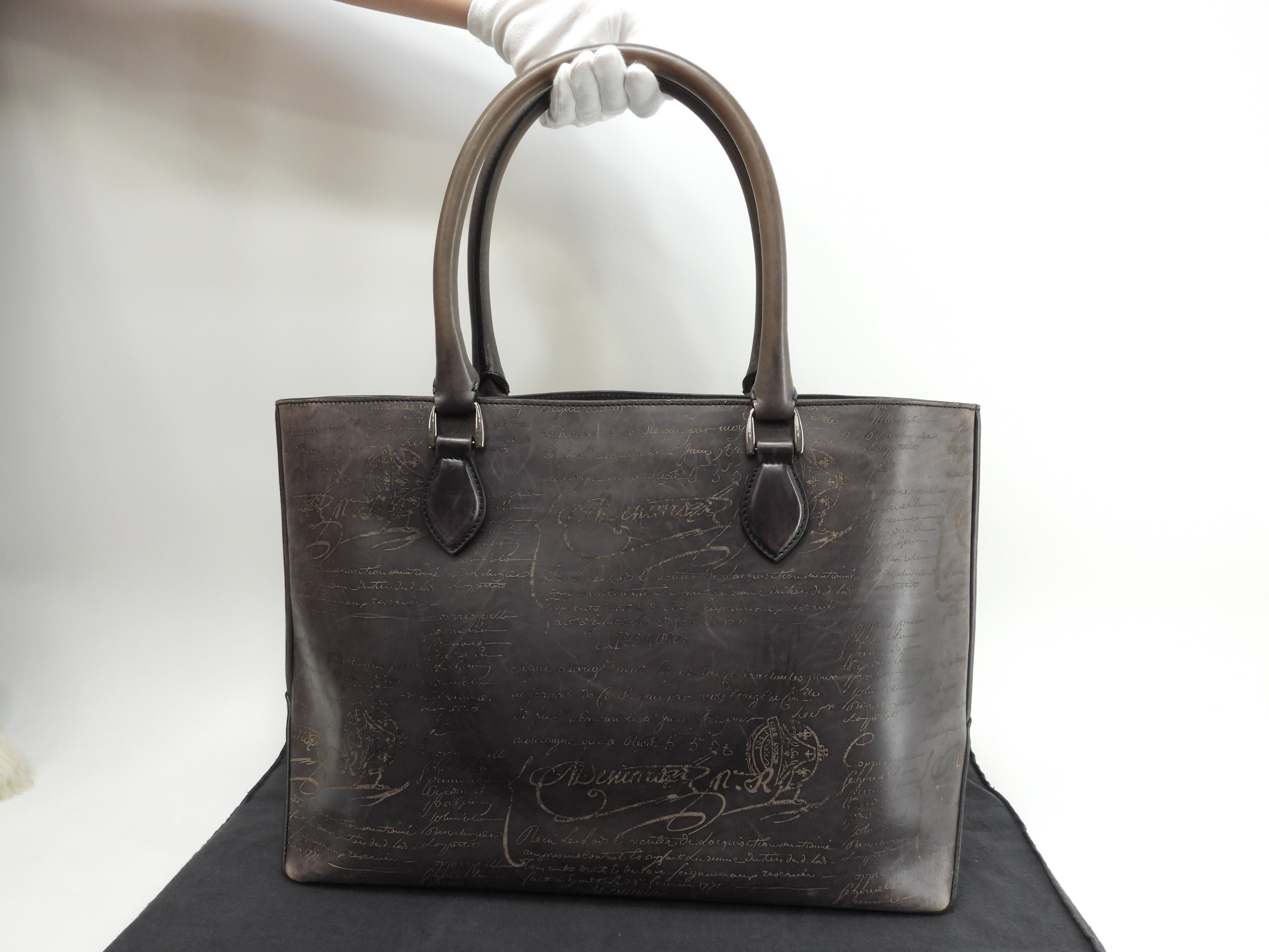 Berluti Toujours Scrittura Pelle Nera Tote Bag Uomo Borsa a Mano@A0194