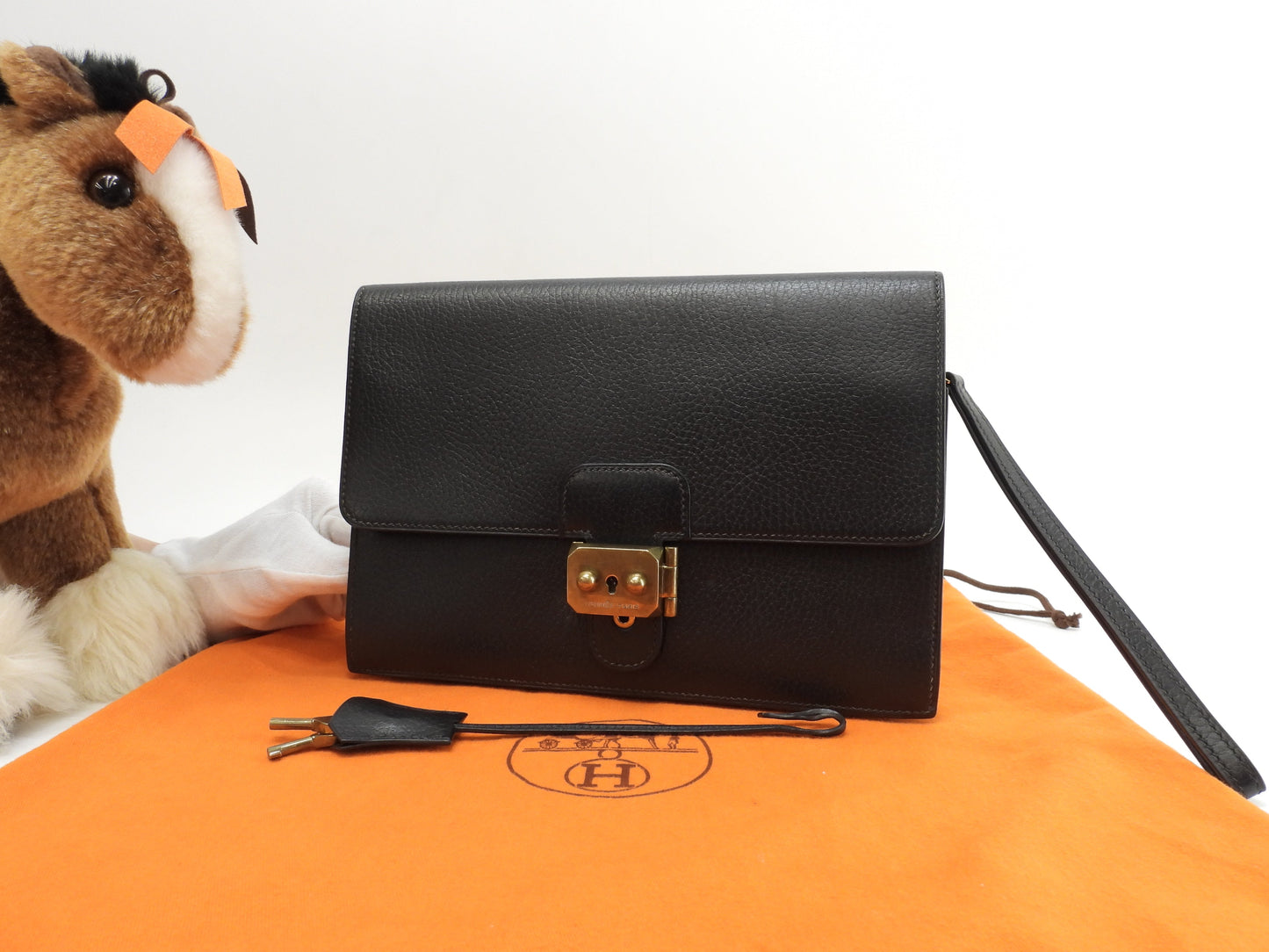 Hermès Jet Ardennes Nero Hardware Oro Clutch Borsa a mano Ottime condizioni@○Z