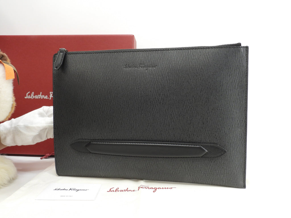 Salvatore Ferragamo Clutch Bag Pelle goffrata grigio scuro Porta documenti Nuovo@FZ24-0480 2