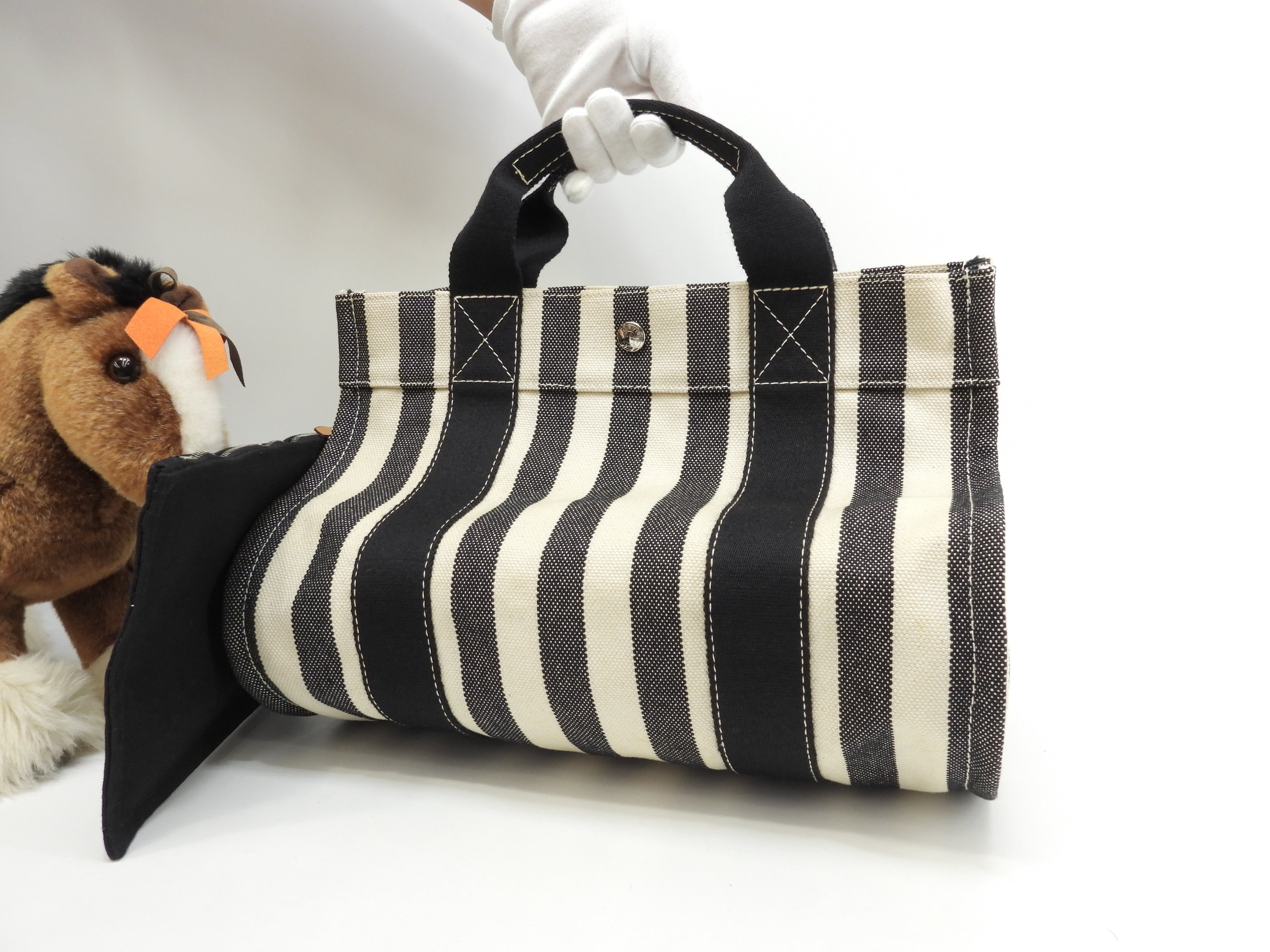 Hermès Cannes PM Cotone Denim Nero Bianco Borsa a Mano Tote Condizioni Eccellenti @ 3