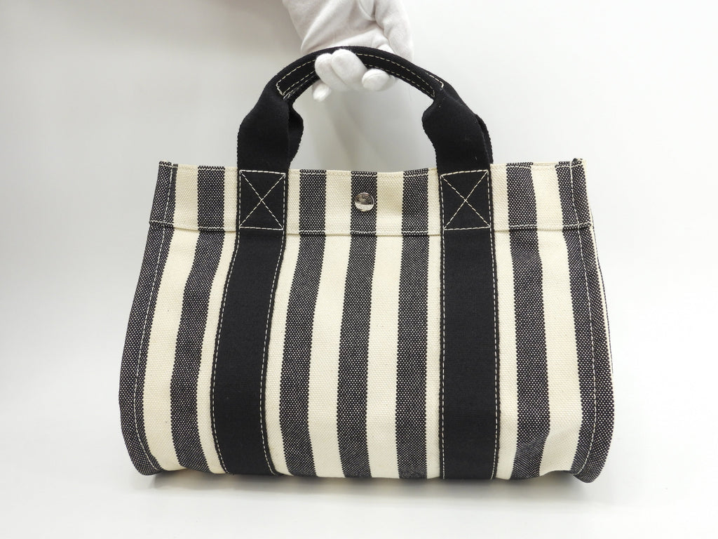 Hermès Cannes PM Cotone Denim Nero Bianco Borsa a Mano Tote Condizioni Eccellenti @ 3