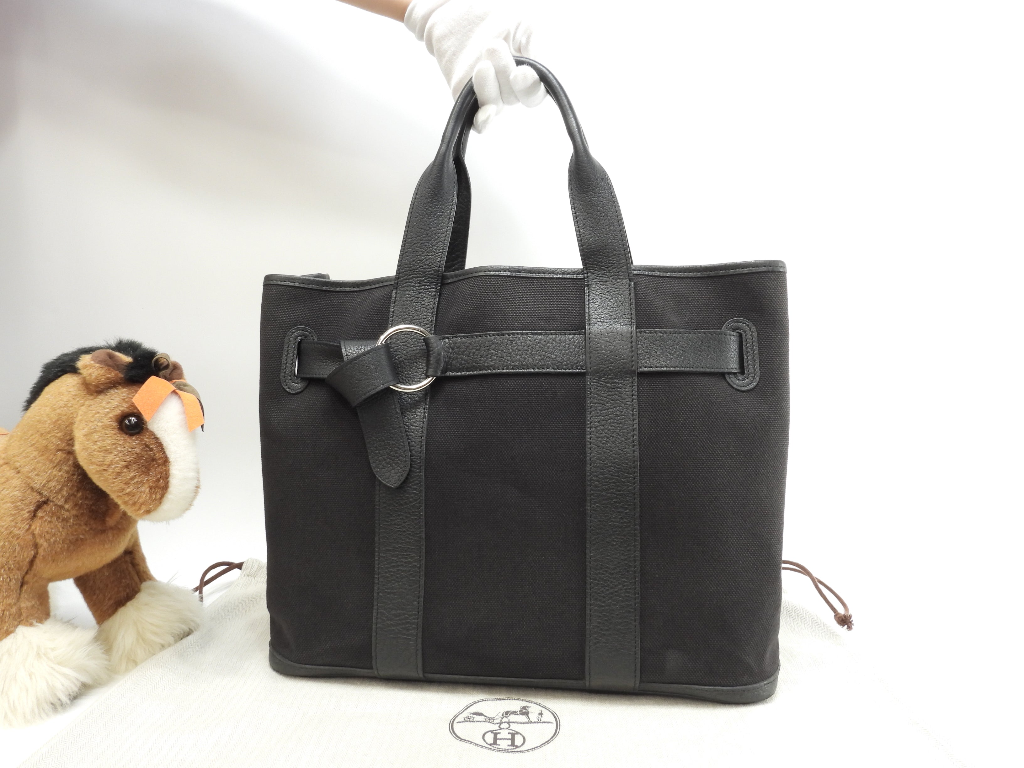 エルメス プティットサンチュールMM コットン/レザー 黒 トートバッグ ハンドバッグ@□J 17
