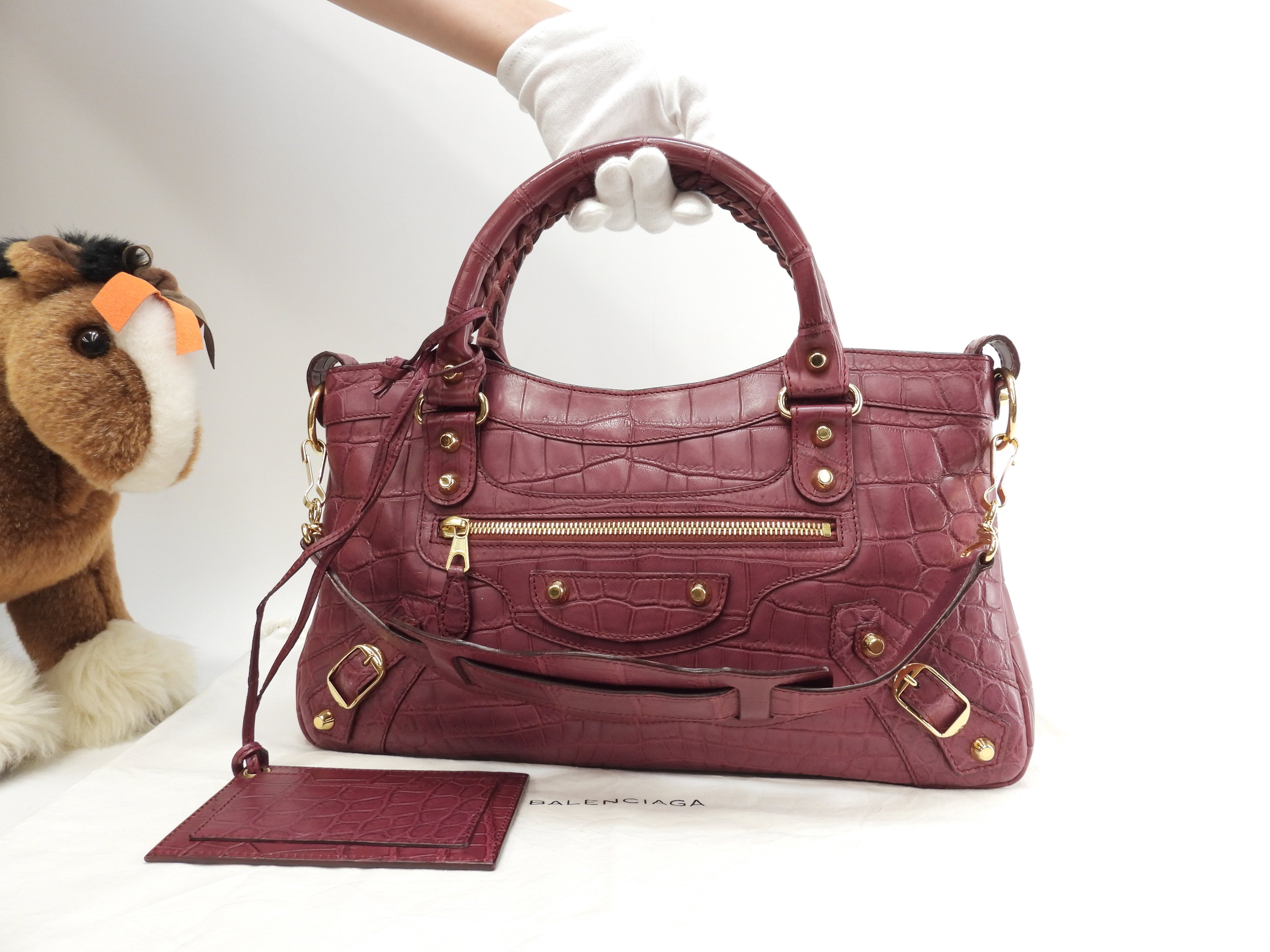 Balenciaga The First, borsa a mano in pelle di coccodrillo bordeaux, con tracolla, condizioni eccellenti@ 1
