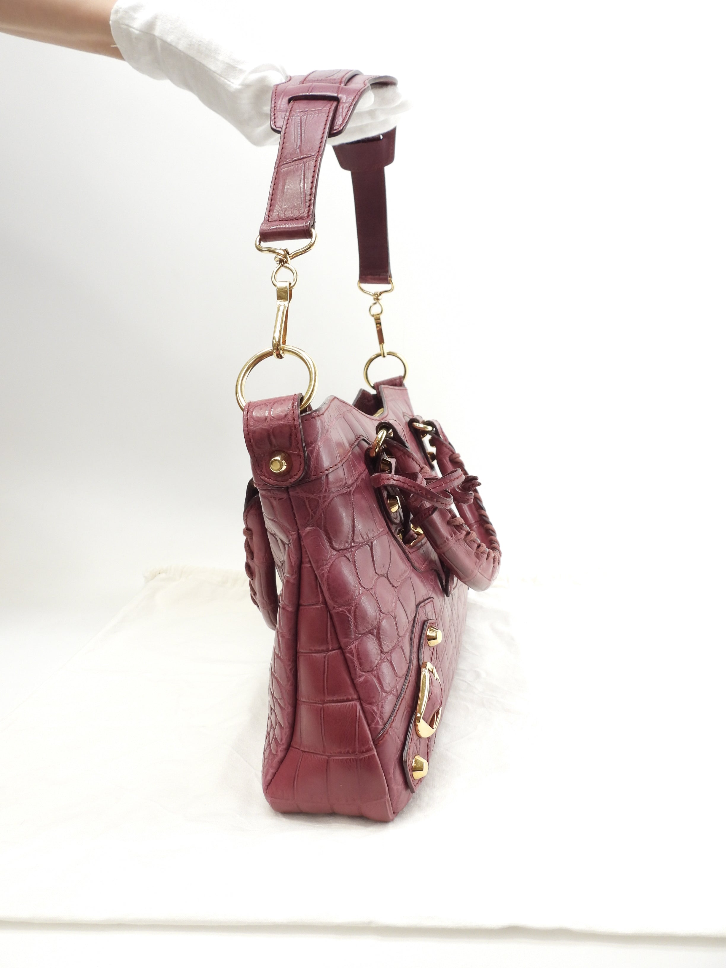 Balenciaga The First, borsa a mano in pelle di coccodrillo bordeaux, con tracolla, condizioni eccellenti@ 1