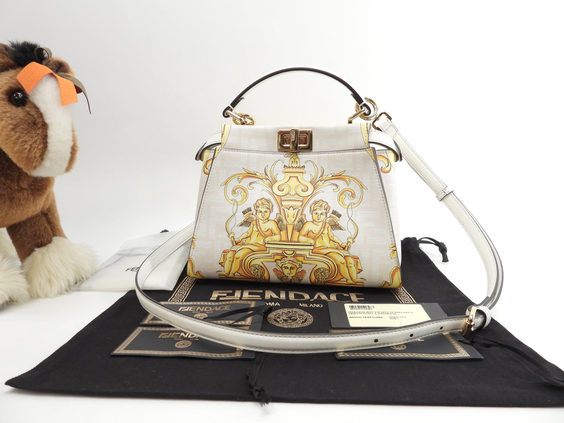 Fendi x Versace Peekaboo Mini borsa a mano in pelle bianca e gialla pochette Fendace mai usata @ 1