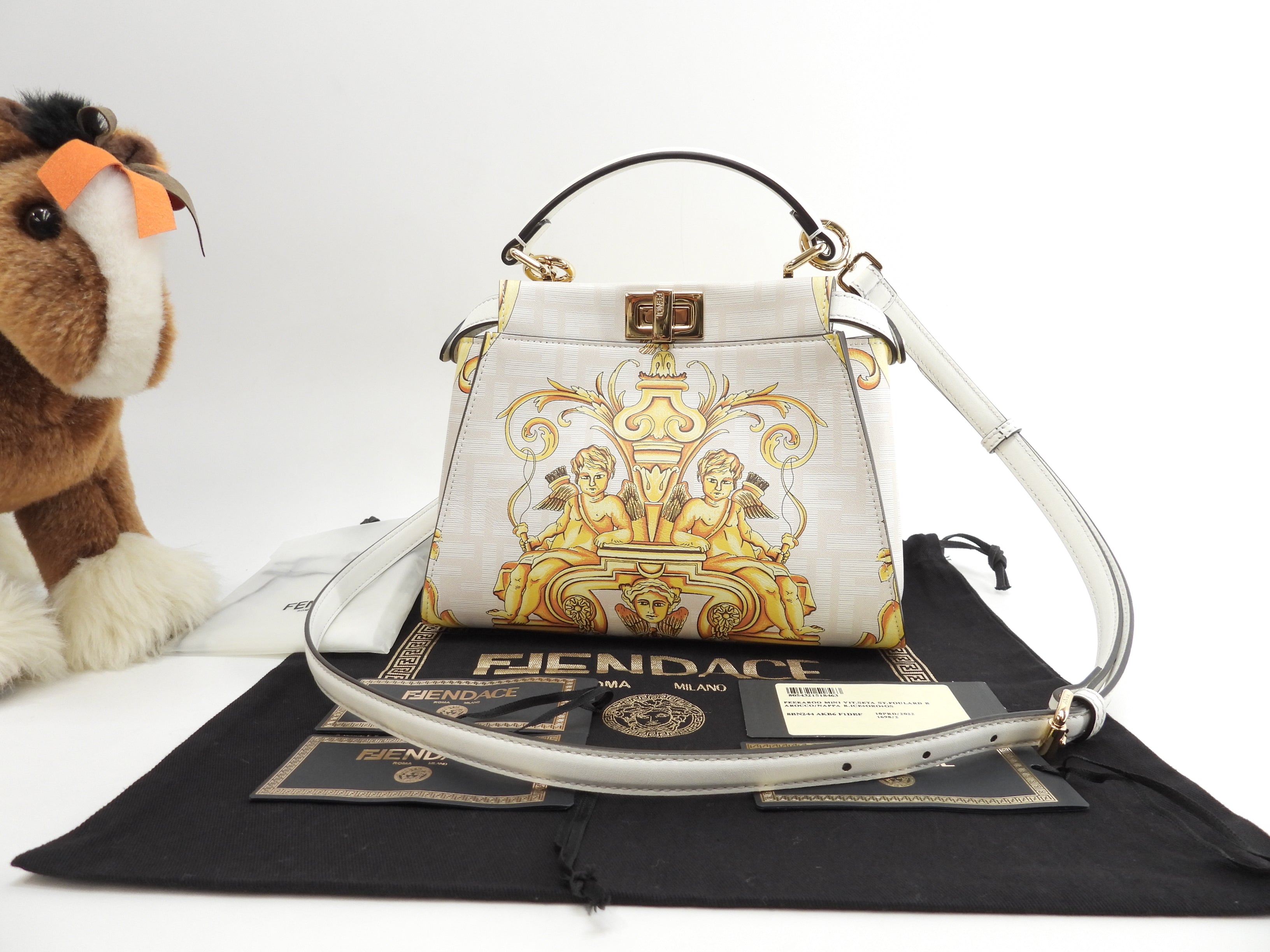 Fendi x Versace Peekaboo Mini borsa a mano in pelle bianca e gialla pochette Fendace mai usata @ 1